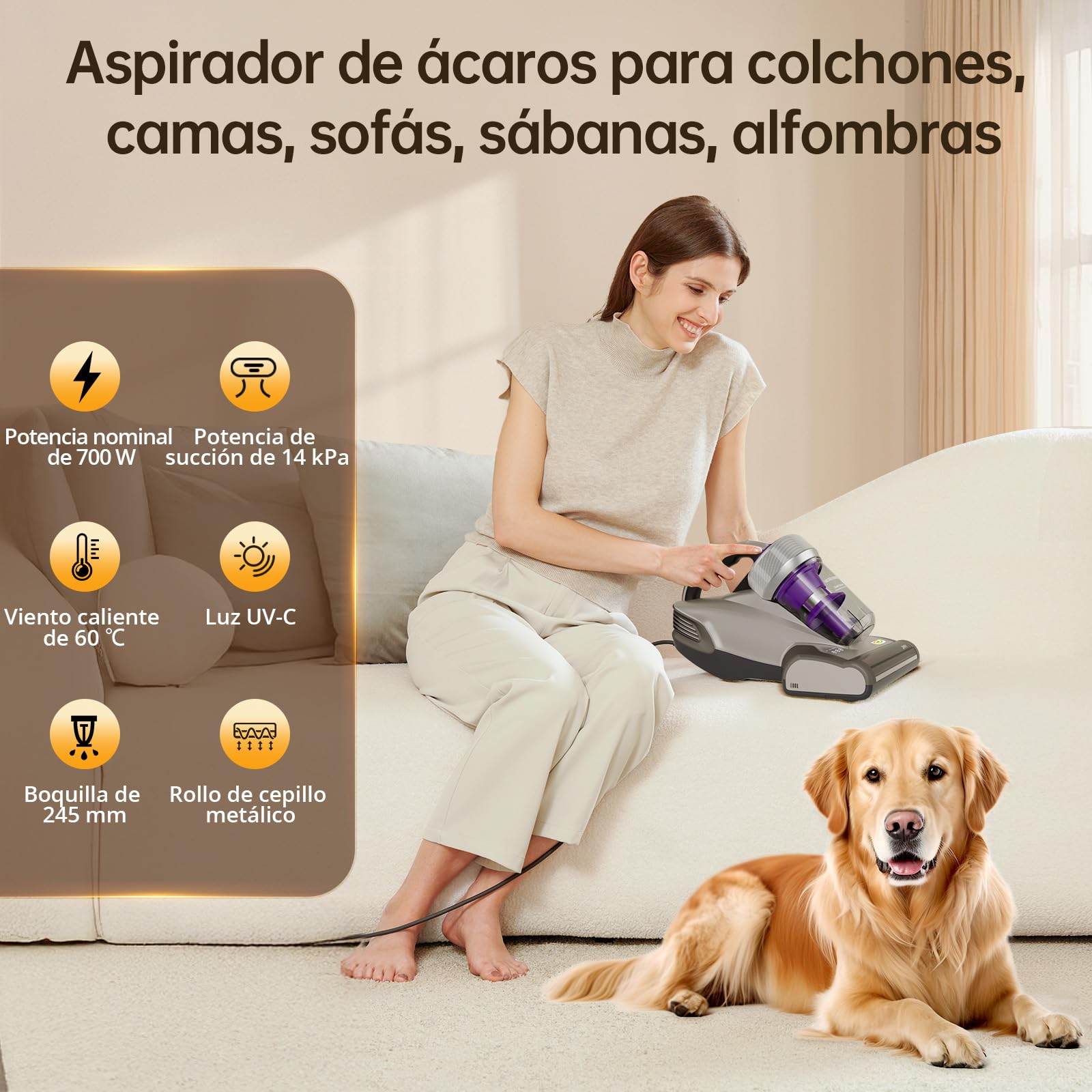 Jimmy JV35 Aspirador Antiácaros 700W con Luz UV-C, Golpeteo Fuerte y Aire Caliente, Portátil para Colchones, Camas y Sofás