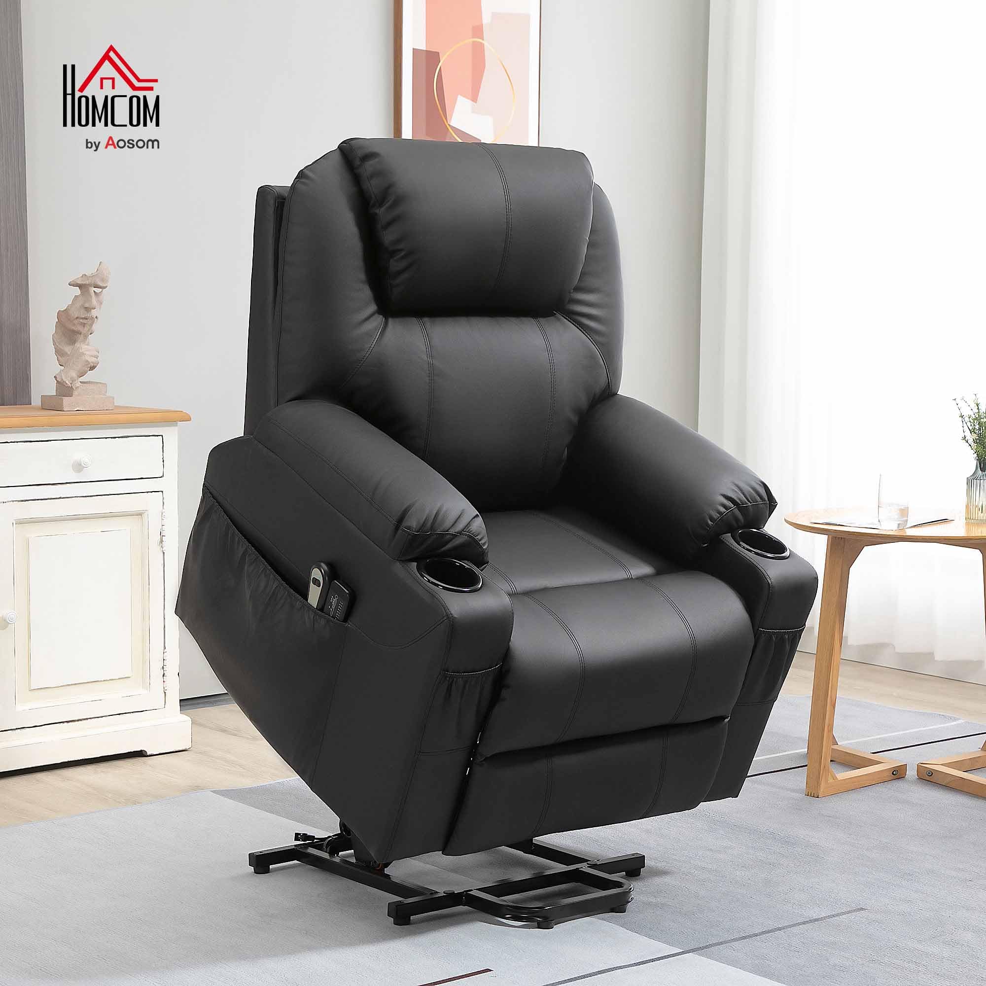 HOMCOM Poltrona Elettrica Alzapersona Reclinabile 135°, Poltrona Relax Elettrica in PU con 8 Punti Massaggianti, 2 Portabicchieri, Tasche Laterali, Telecomando e Poggiapiedi, Nero