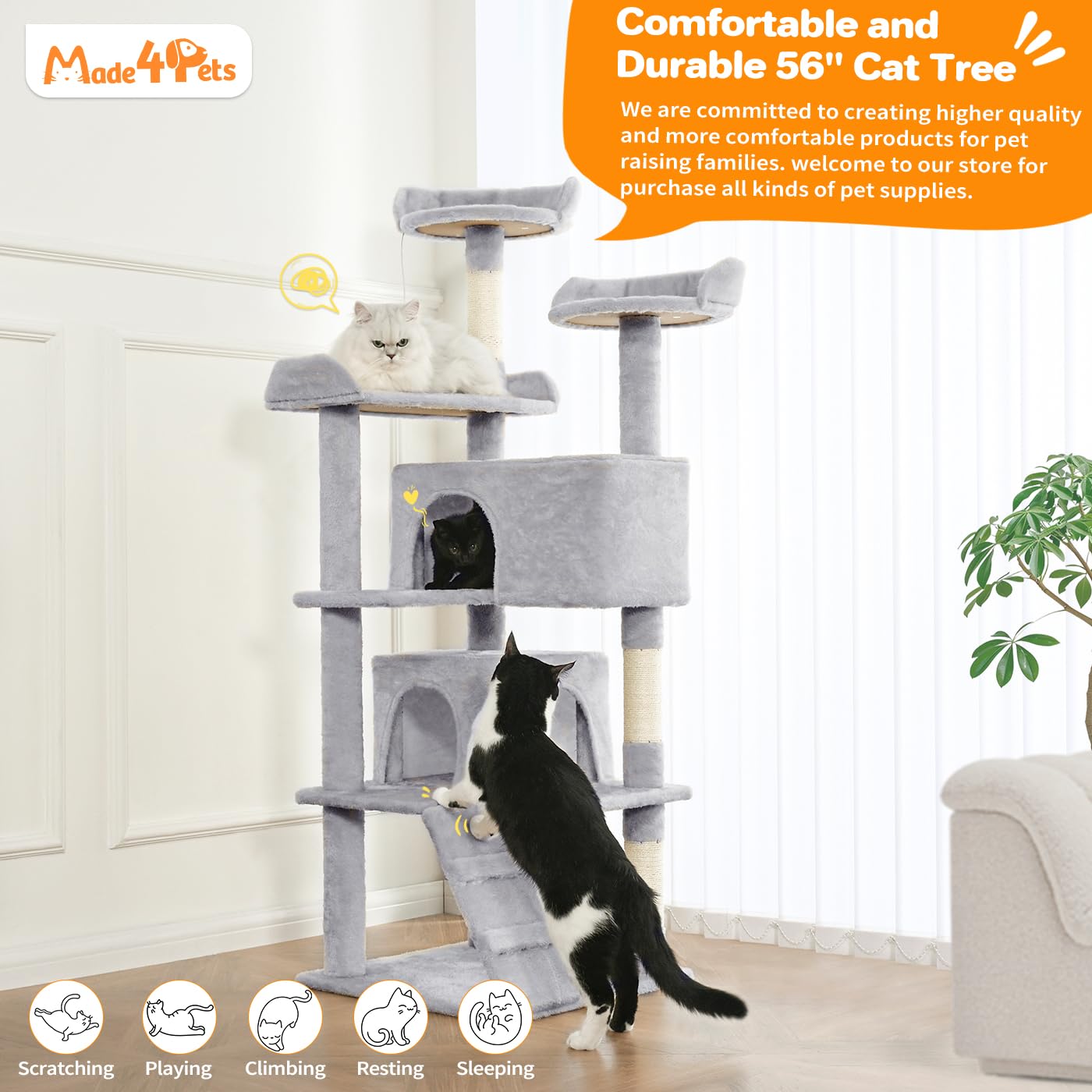 Made4Pets Cat Tree 54in Cat Tower for Indoor Cats Kitten Tree Multi-Level Cat Tree with 2 Condo Furniture Activity Center with Scratching Posts Funny Toys Kittens Pet Play House, Light Grey