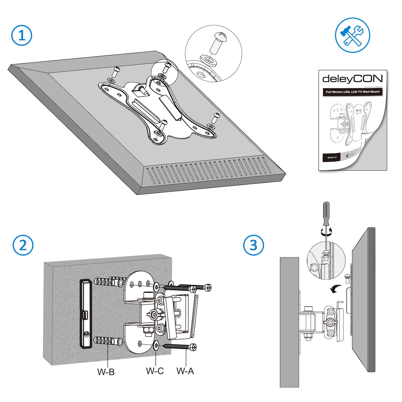 deleyCON Universal Supporto a Muro per TV & Monitor - 13" - 27" Pollici (33cm - 69cm) - Fino a 20Kg & VESA 100x100mm - Inclinabile + Orientabile - Distanza dal Muro Solo 75mm