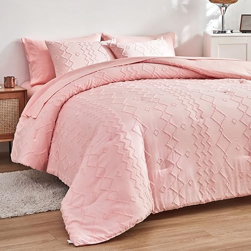 AIKASY Juego de edredón de 7 piezas con bordado geométrico en una bolsa, tamaño Queen, color rosa coral, juego de ropa de cama de microfibra suave