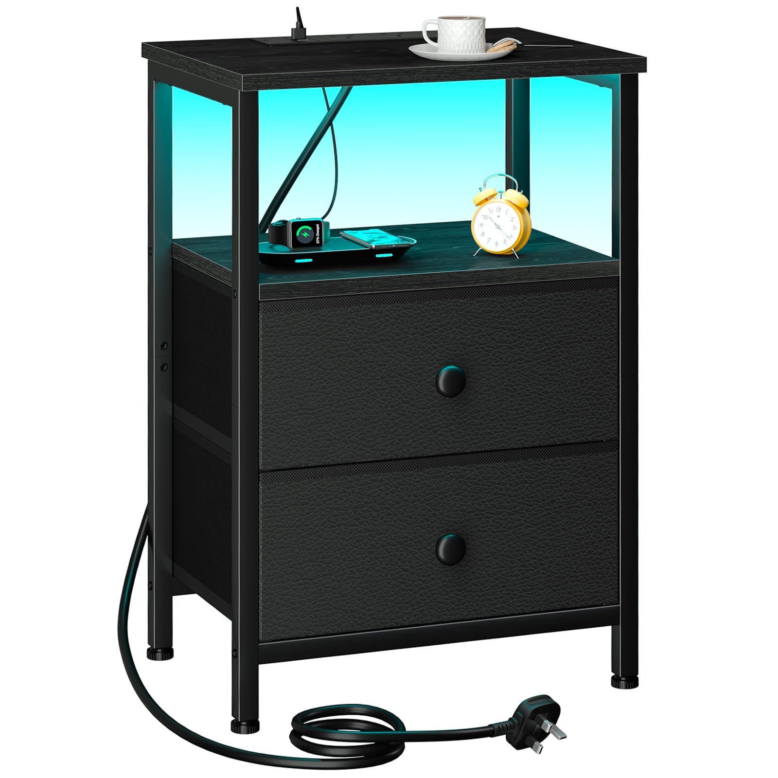 LOAKEKEL Bedside Table with LED Light, Small Side Table with Charging Station