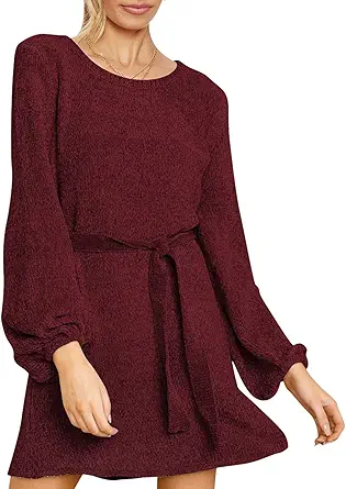 HAPCOPE Women's 2023 Fall Winter Elegant Chenille Sweater Dress Mock Neck Long Sleeve Short Dresses with Belt