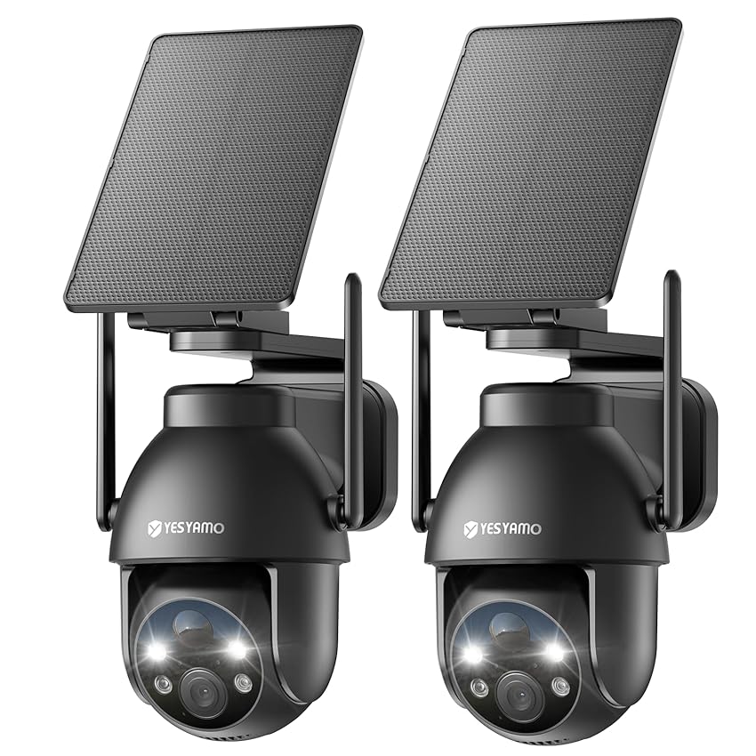 YESYAMO Telecamera Wi-Fi Esterno Senza Fili con Pannello Solare, Videocamera Sorveglianza Esterno a Batteria, 360° PTZ, Visione Notturna A Colori, Audio Bidirezionale, 2.4GHz, IP66 (Nero-2PCS)