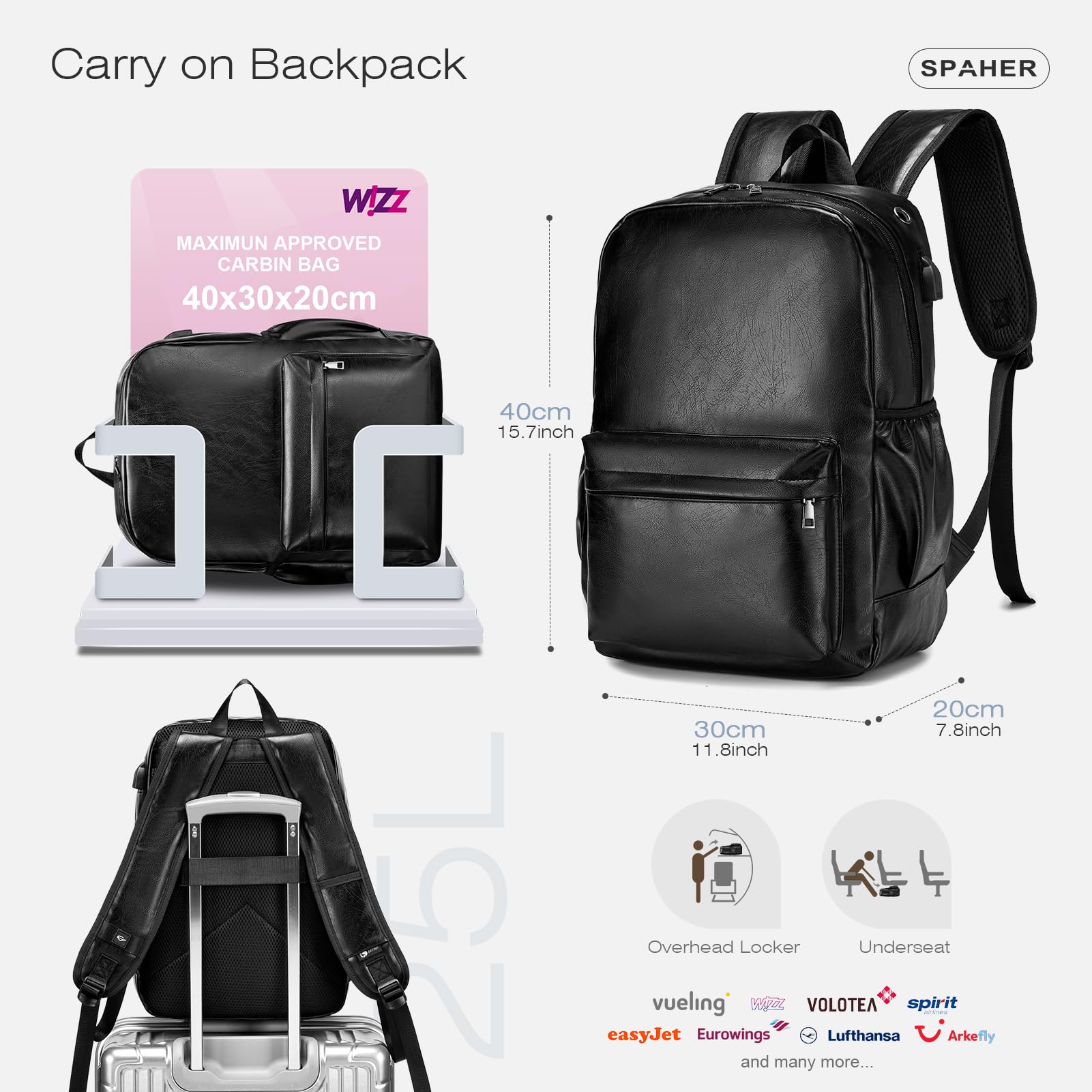 SPAHER Zaino di Pelle Zaino 40x30x20 Wizzair Zaino Uomo Pelle Zaino da Viaggio Zaino Porta PC 15,6 Pollici Laptop Zaino Antifurto Impermeabile Borsa da Scuola Portatile per Uomo Donna Regalo