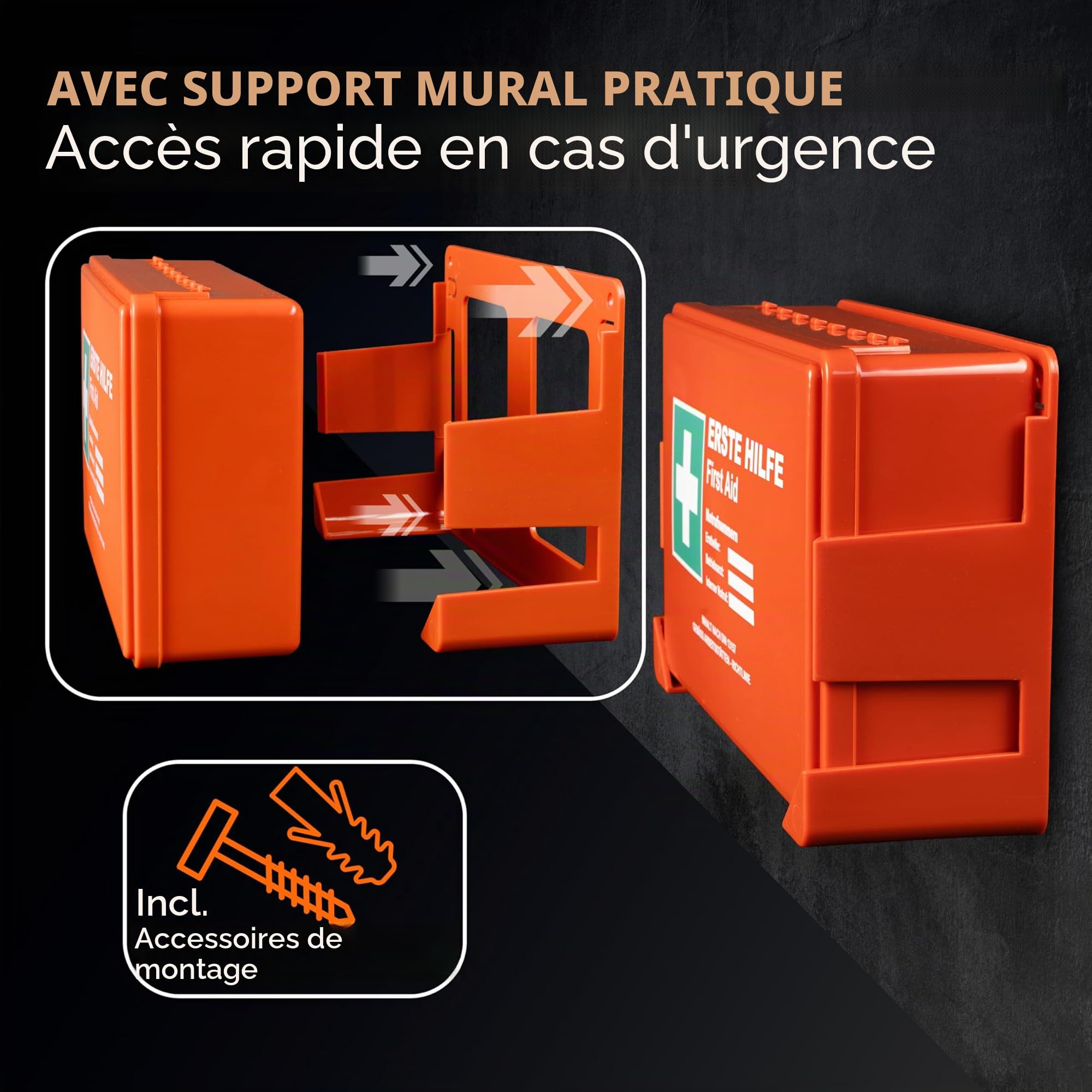 Trousse de premiers secours DIN 13157:2021 avec support mural et autocollants – Mallette universelle pour entreprise