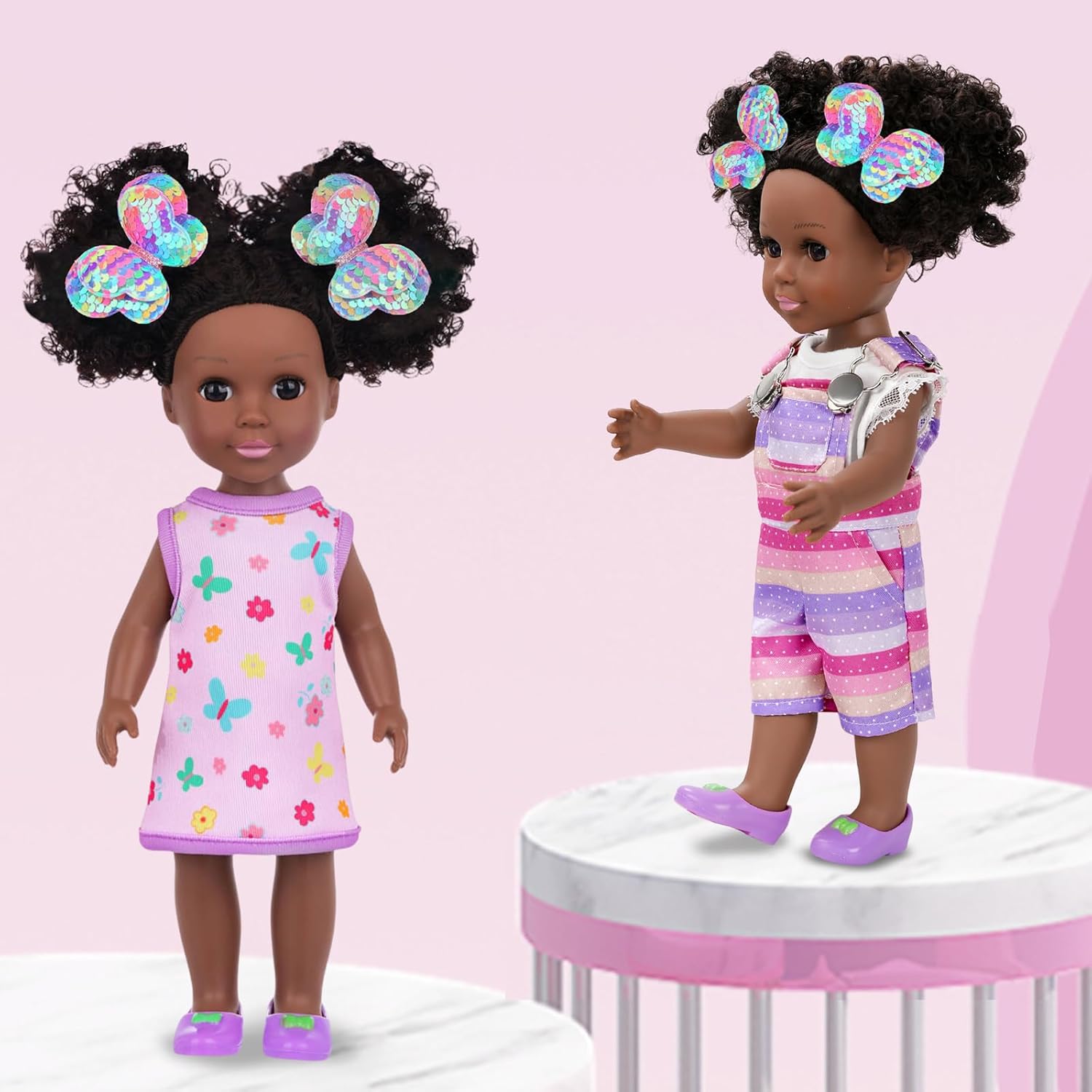 ZQDOLL 14.5 inch Black Doll and Black Baby Doll Clothes and Accessories Set, African Baby Doll with 2 Sets Clothes Shoes Backpack Hairclip Bracelets Diamond Stickers etc- Best Gift for Girls