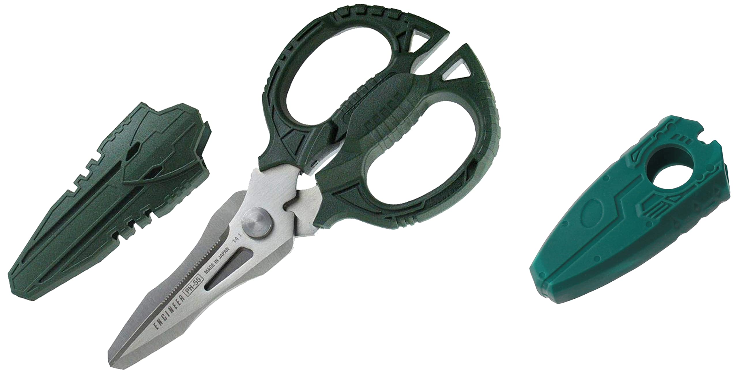 Versatile Compact Multi-Function Scissors with 4-in-1 Combi Blade - cuts Leather, Solid Copper Wire (inc. Mains Cable) & Protective Plastic Cap/Cover for neji-Saurus pz-58 Pliers (Green)