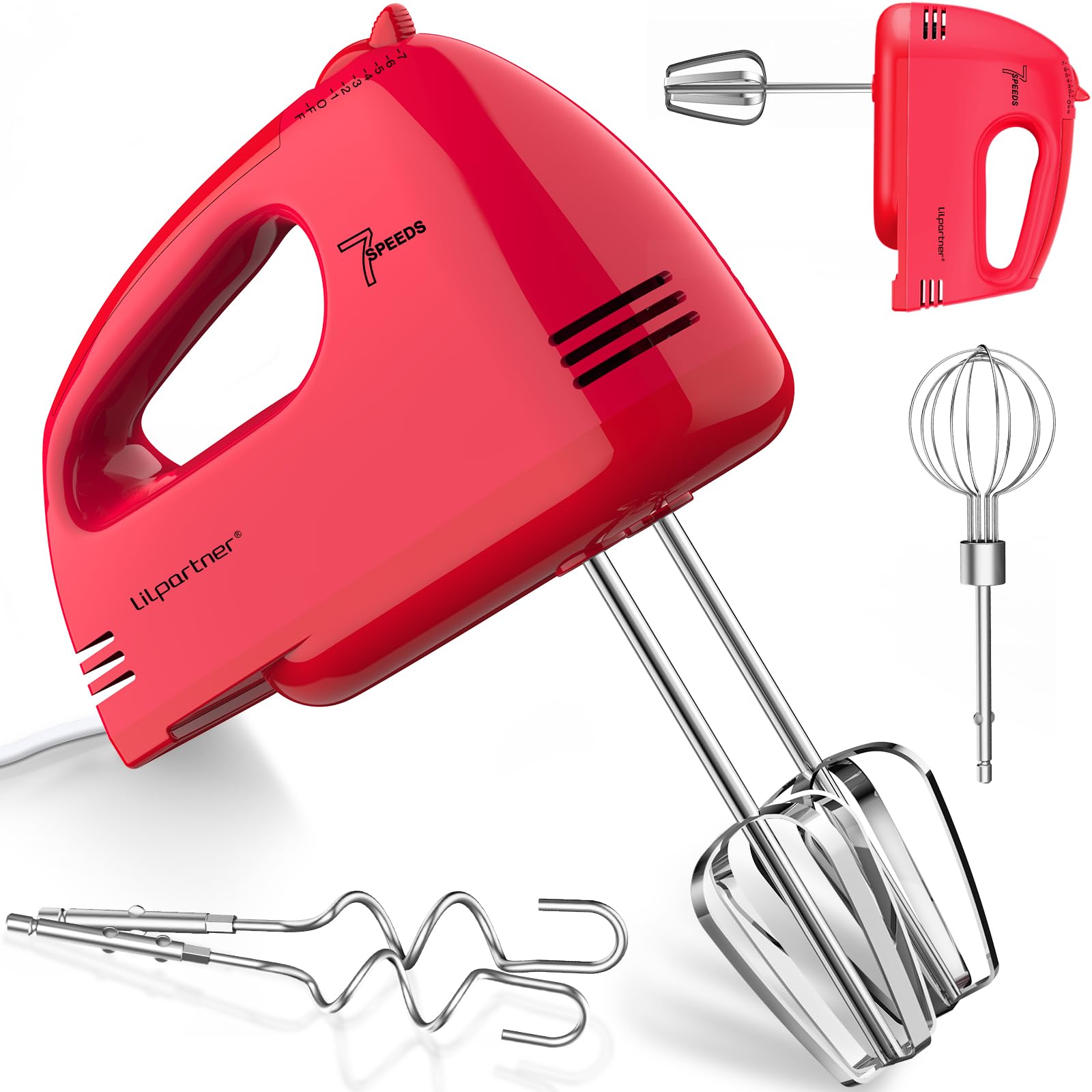 LILPARTNER Hand Mixer Electric, Ultra Power Kitchen Hand Mixer With 7-Speed &amp; 5 Stainless Steel Accessories for Whipping Dough, Cream, Cake, Dishwasher Safe, Light Red