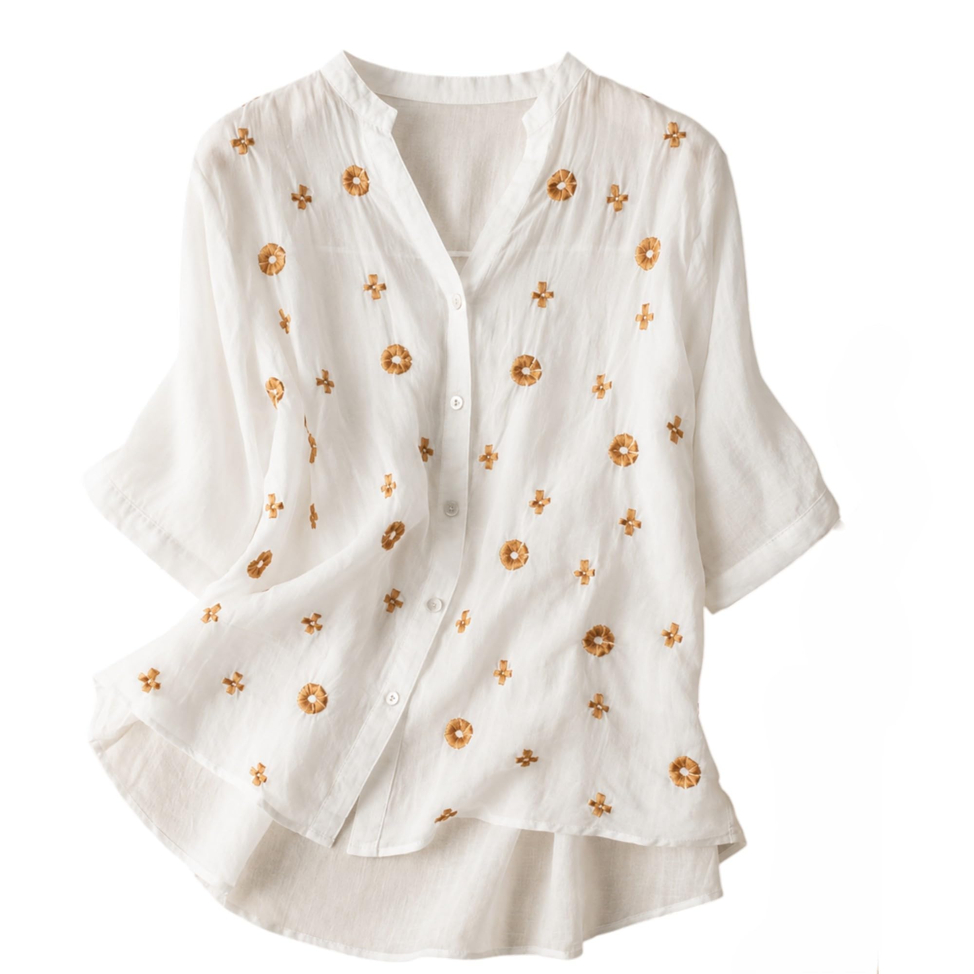 RIEKA Womens Floral Applique Embroidered Fancy Top with Mandarin Collar Button Down Front Half Sleeves Relaxed Fit Casual Tunic Top for Women discount deal