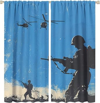 Military Soldier Blackout Curtains for Bedroom Living Room, Rod Pocket Silhouette Helicopter Curtains Thermal Insulated Window Drapes 2 Panels, Each 31.5W x 72L