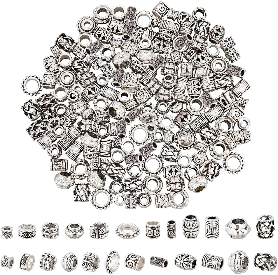 NBEADS 180 Pcs 12 Styles Alloy Hair Beads, 2 Colors Tibetan Style European Butterfly Dreadlock Beads for Hair Braiding, Hole: 3.5~7mm