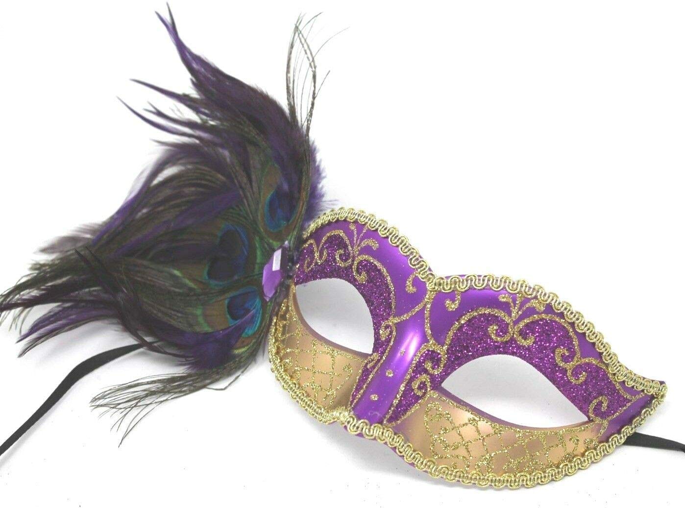 Mask & Co LADIES SPARKLING PURPLE & GOLD VENETIAN MASQUERADE CARNIVAL PARTY EYE WITH PEACOCK FEATHERS, Purple Gold, 7cm Deep - Image 3
