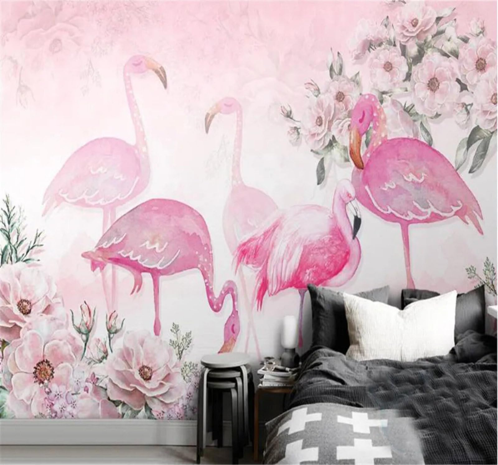 Tzxztt 430Cm×300Cm(B×H) Minimalist Hand Drawn Romantic Roses Flamingos Modern 3D Wallpaper Premium Textured Silk Neutral Tones Material Ideal For Living Room Bedroom-430Cm×300Cm