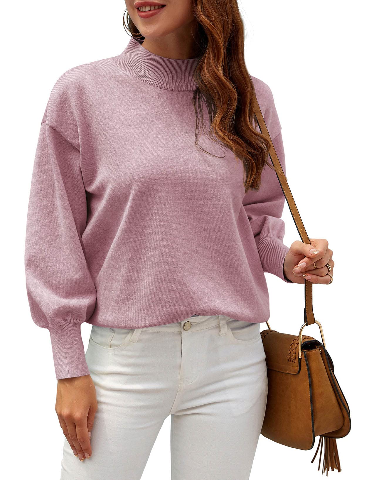 WEACZZY Womens Casual Lightweight Sweater Mock Neck Batwing Long Sleeve Knit Jumper Loose Pullover Tops