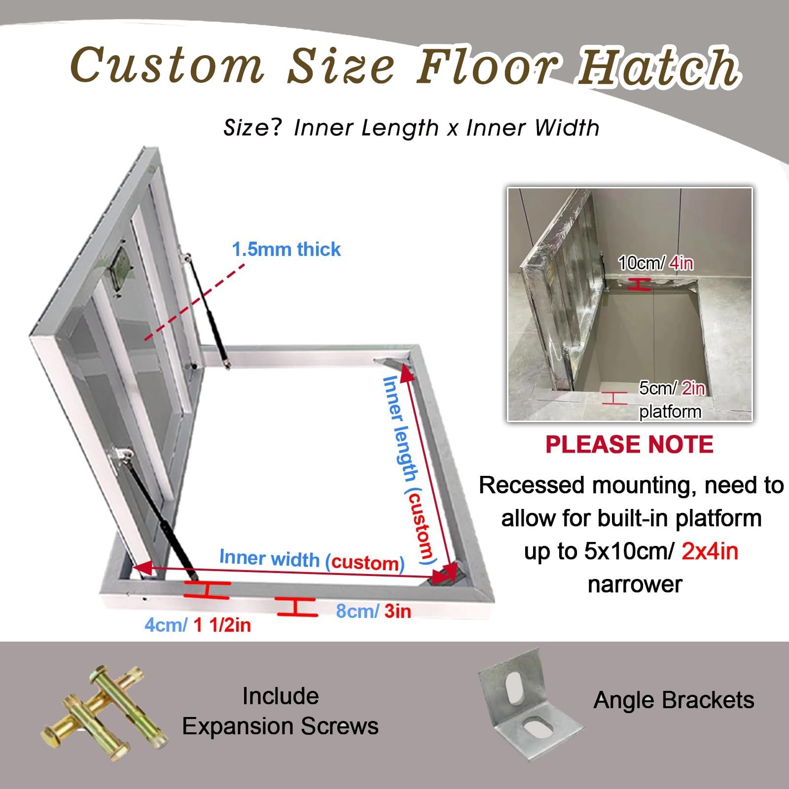 Trappe de plancher encastrée sans couture pour porte d'entrée hydraulique de sous-sol (L 142,2 x 50,8 cm, 6,248 cm en option)