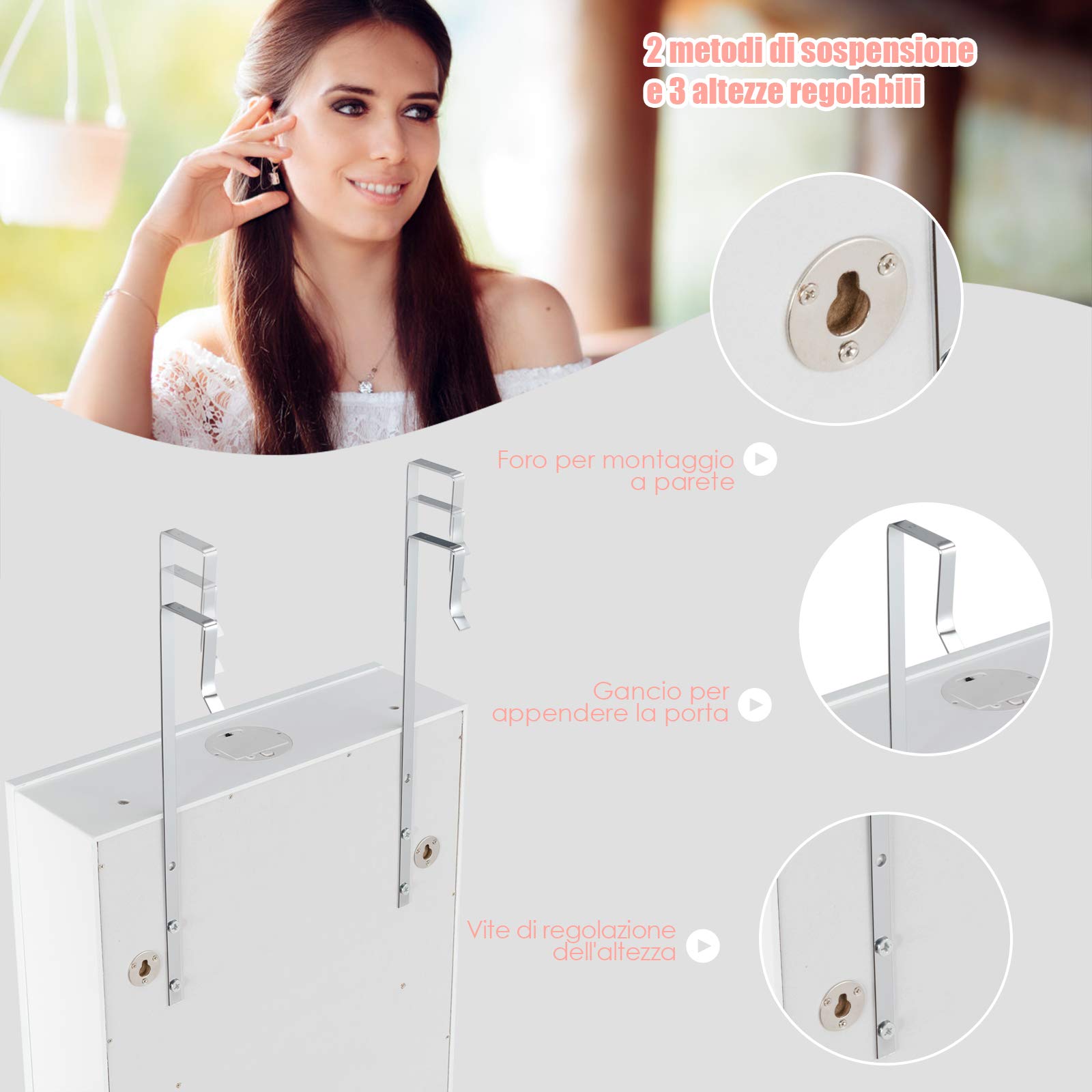 Armadietto Portagioie Da Parete Con Luci LED E Specchio - 6 Cassetti, Bianco, 36.5x11.5x120 Cm - Foto 9