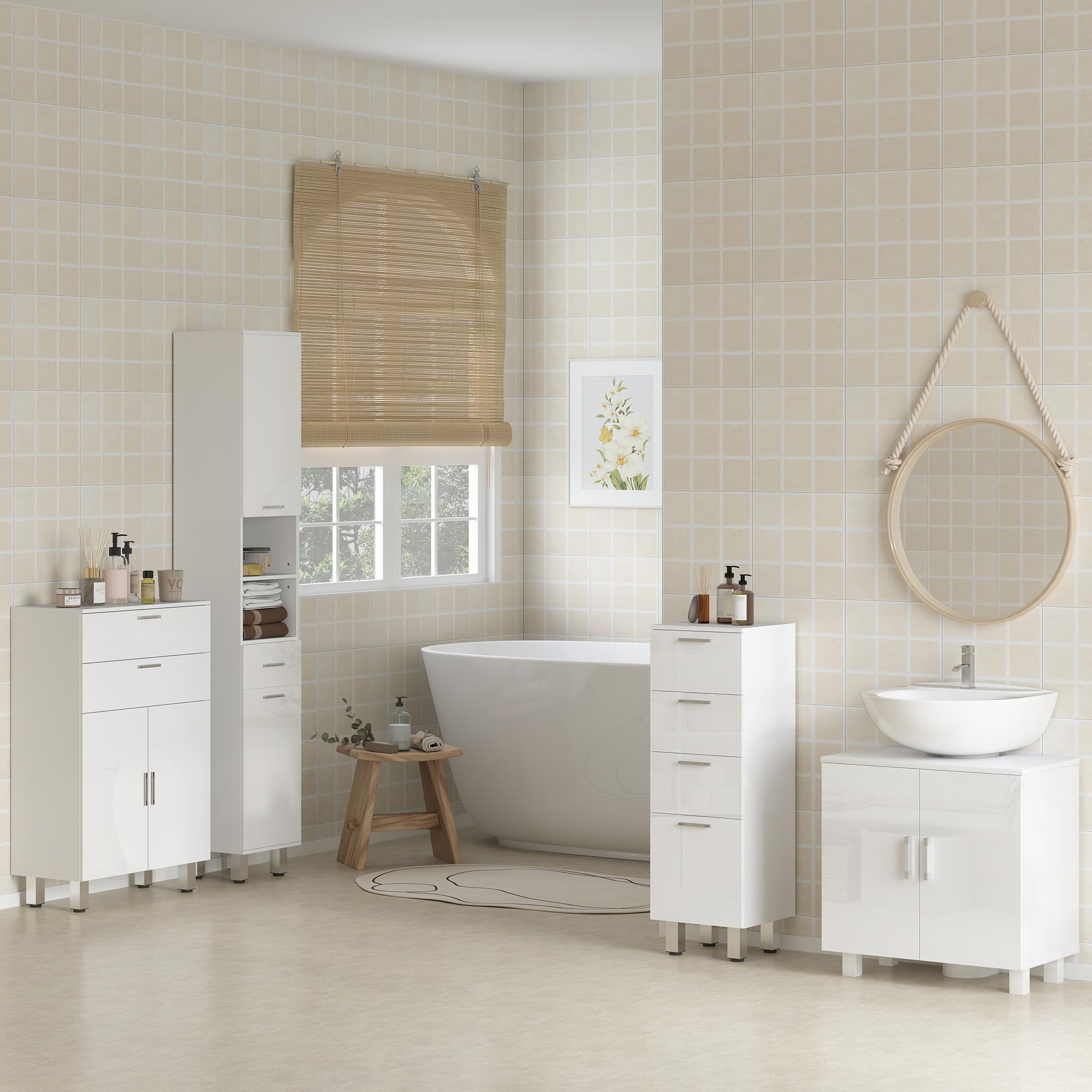 kleankin Mueble Auxiliar Baño Moderno Mueble de Baño con Estantes Ajustables y 2 Cajones Armario Mueble de Almacenaje para Dormitorio Salón Antivuelco Blanco Brillo Carga 35 kg 60x30x93 cm