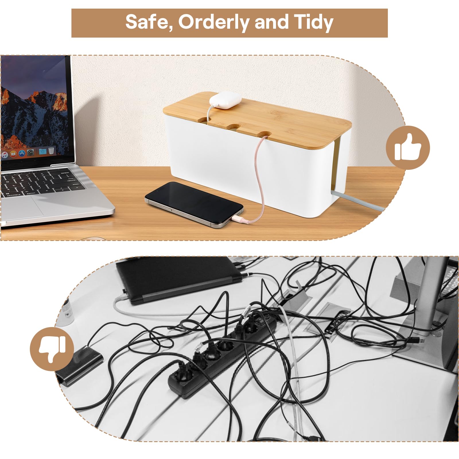 Set de 3 Caja Organizadora de Cables, Caja de Gestión de Cables con Tapa de Bambú, Cajas Guarda Cables, Ocultar Organizador Cables para Regletas TV Escritorio
