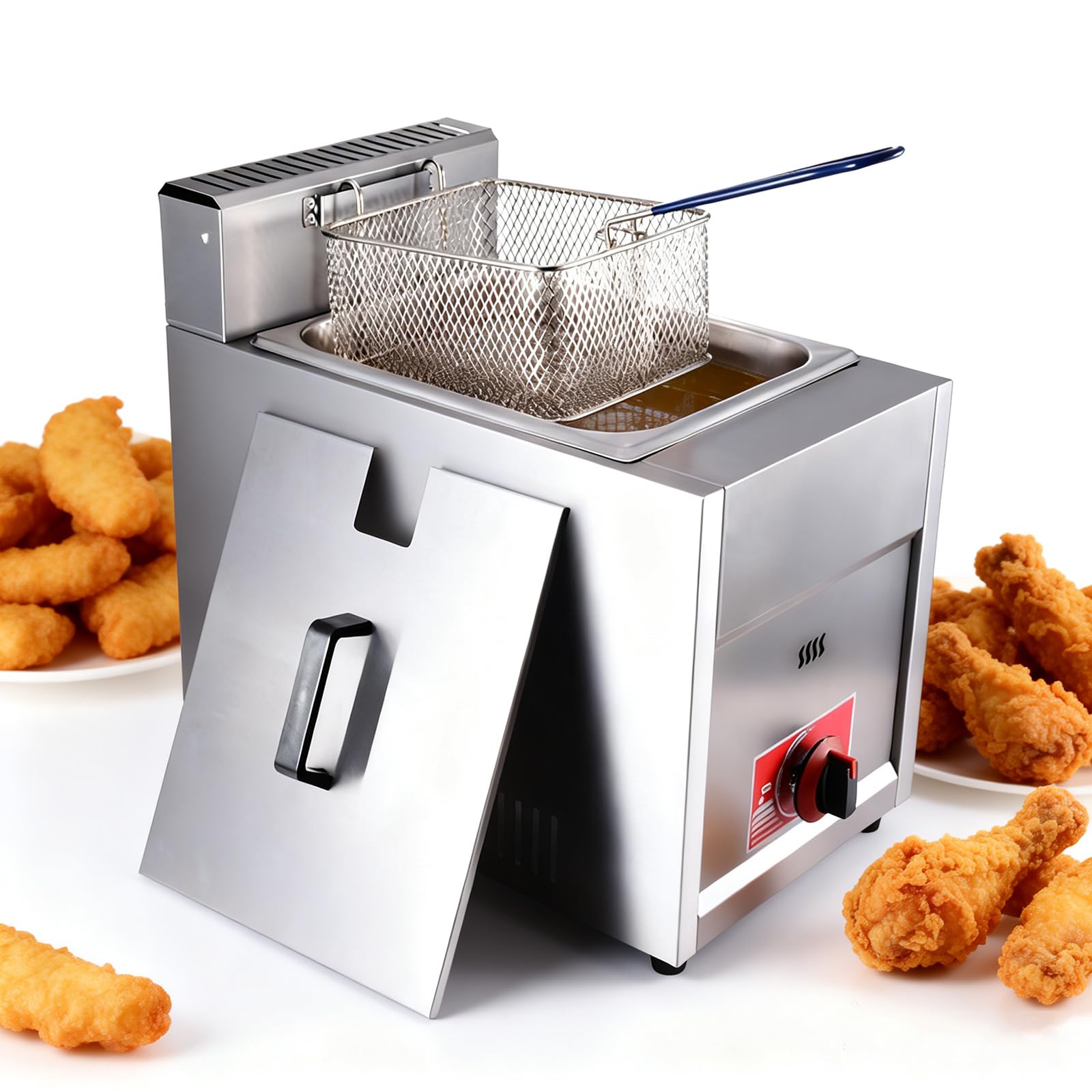 Friggitrice a gas da 6 litri, friggitrice a serbatoio singolo, in acciaio inox, con coperchio e cestello, per patatine fritte domestiche e commerciali