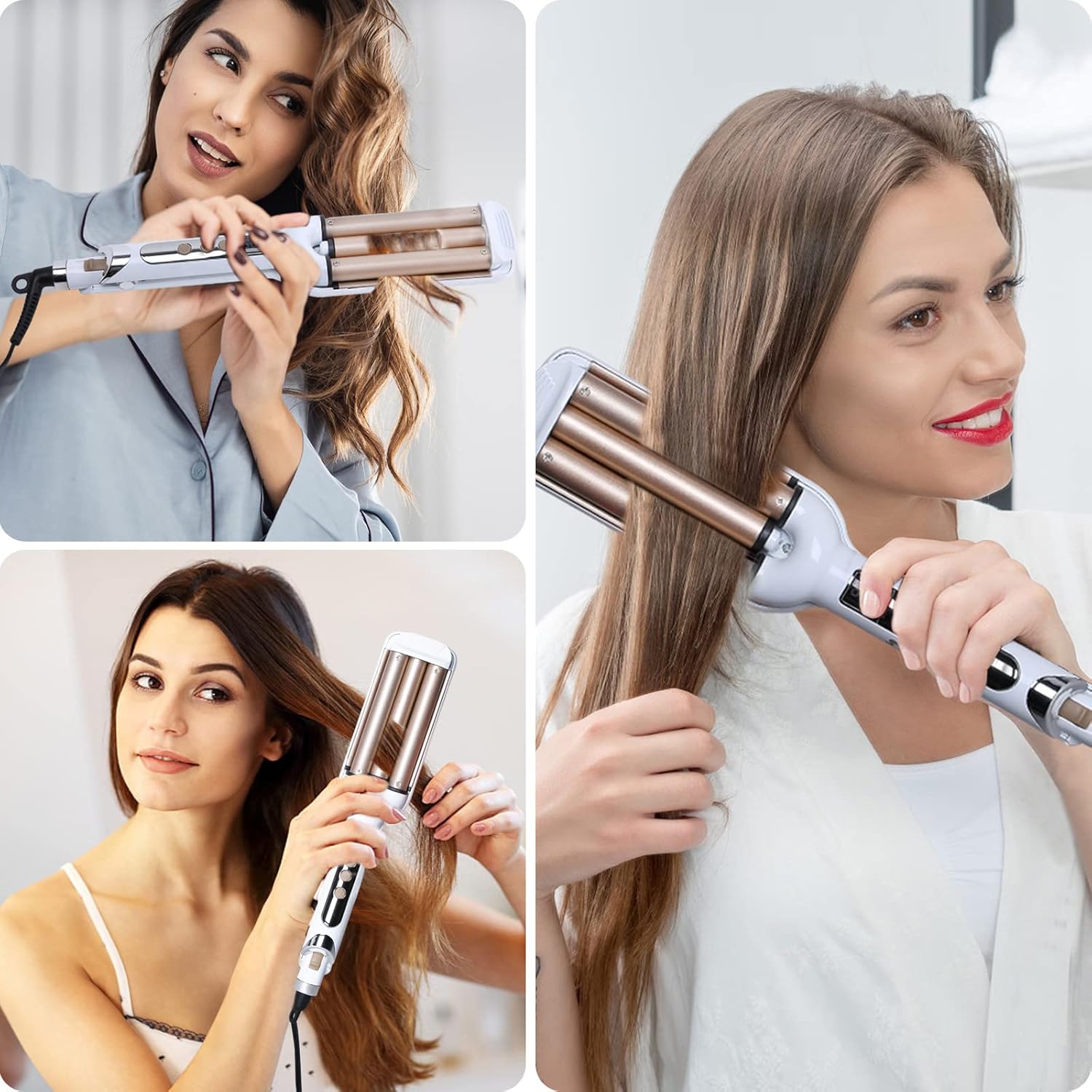 Hair Crimper Anti-Scald Beach Waver Curling Iron Fast Heating Tourmaline Ceramic Hair Waver with LCD Display & Temp Settings Crimper Hair Tool for Wide Deep Waves