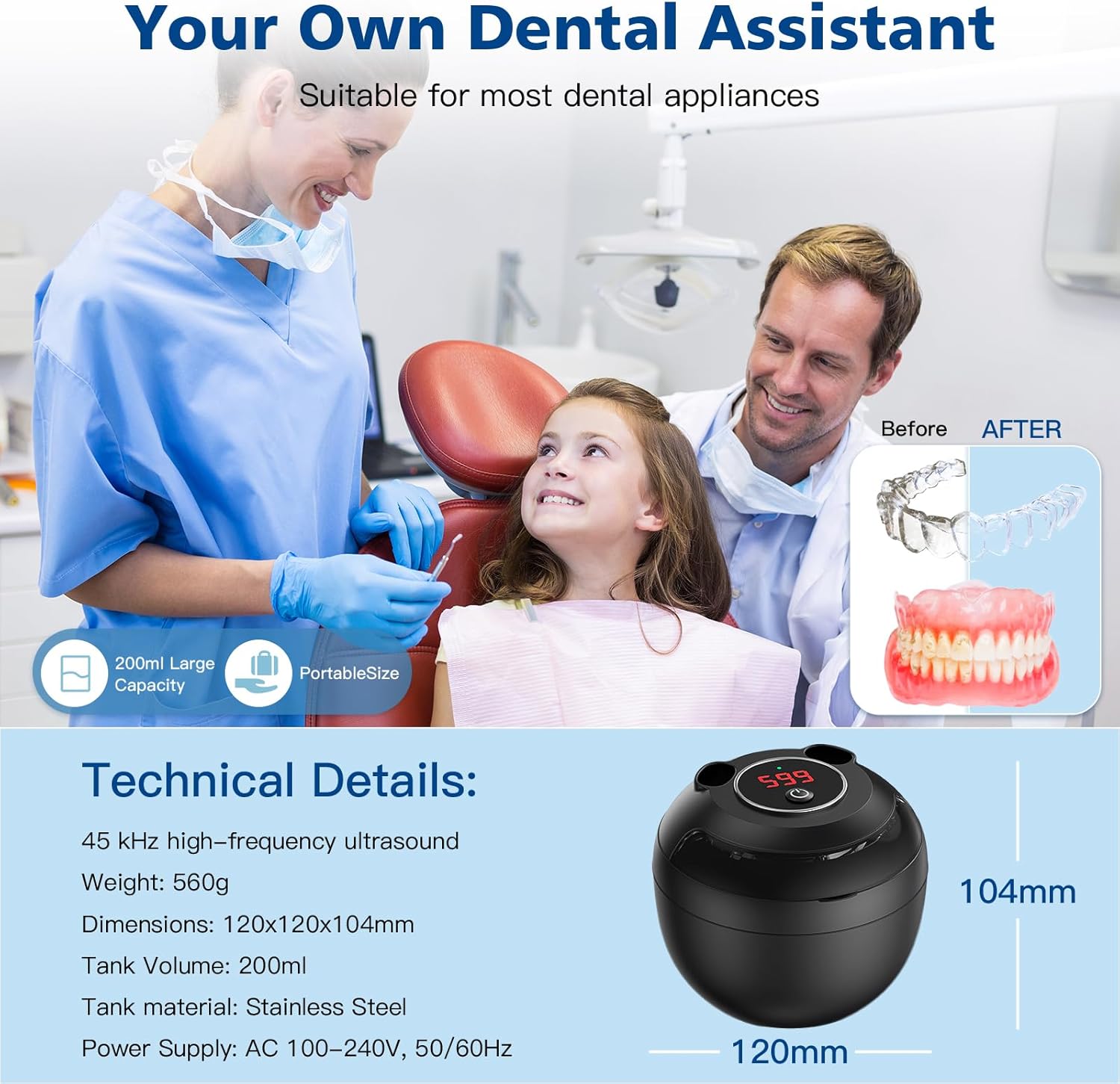 Aotuda Ultrasonic Retainer Cleaner Machine, 200ML Ultrasonic Dental Cleaning Pod with 4 Modes, Digital Timer, Mouth Guard Cleaner for Denture, Aligner, Braces, Toothbrush, Jewelry - Image 4