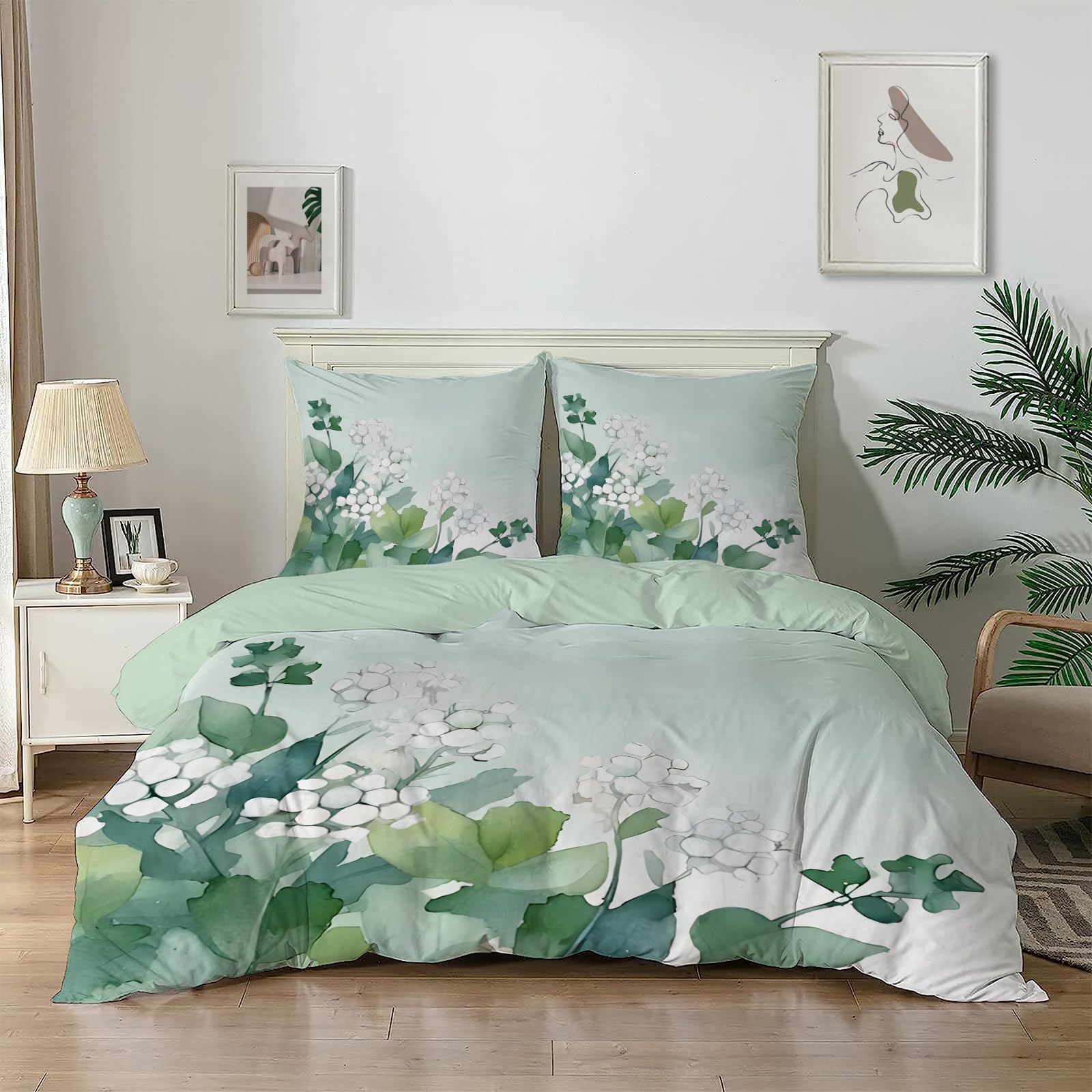 Dyausi Women's Sage Green Emperor Duvet Cover Set Flowers Stylish Bedding Set 3Pcs With Zipper Closure For Girls Reversible Microfiber Quilt Cover 290X235cm And 2 Pillowcases 50X75cm