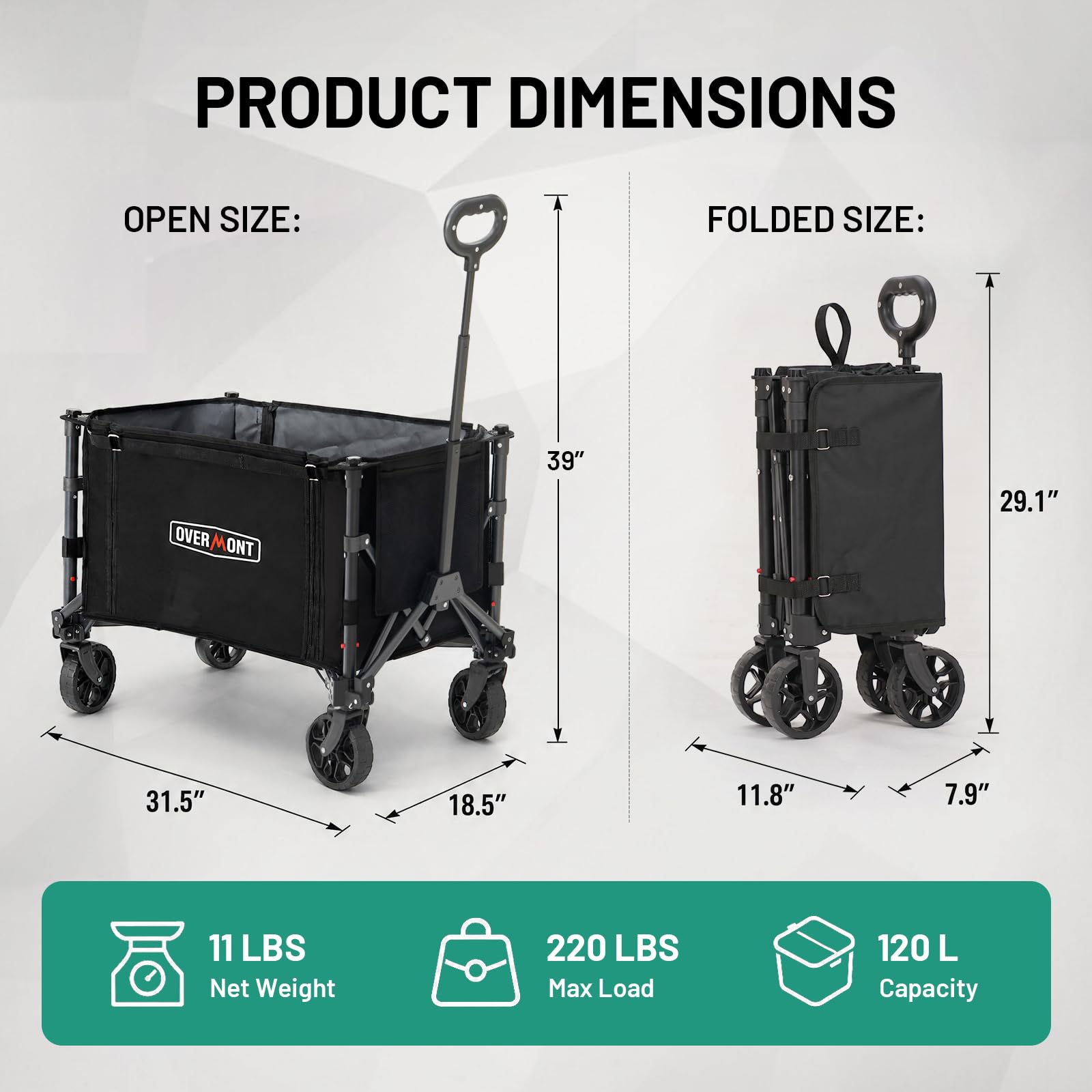 Overmont Carrello Pieghevole 3 in 1-120 L Grande Capacità, Portata fino a 100 kg - Carrello con Ruote Tutto Terreno, Leggero e Compatto - per Campeggio, Spiaggia, Giardino, Shopping e Sport