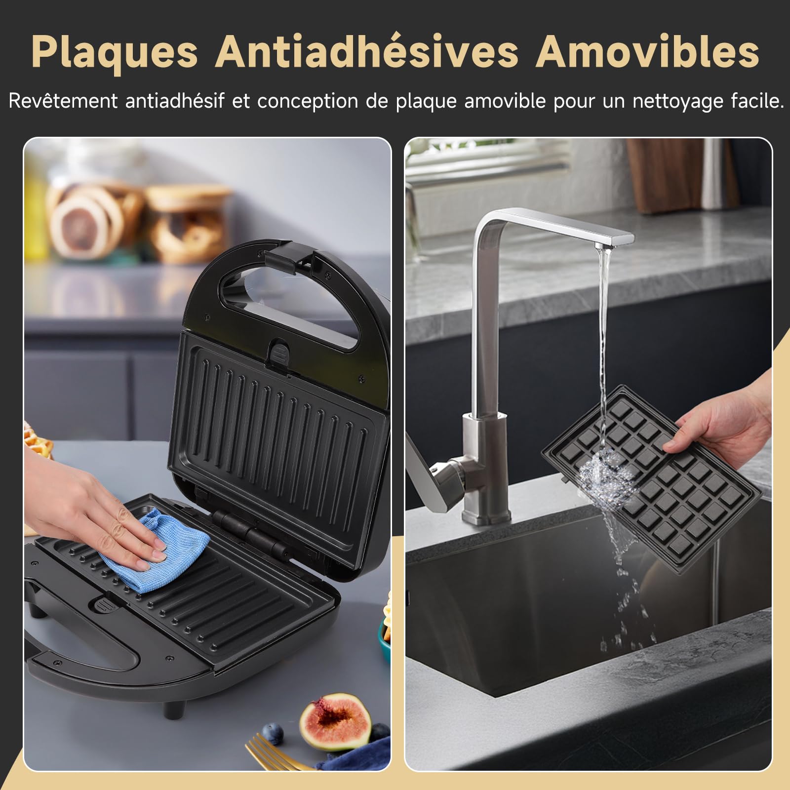 Aigostar gaufrier 3 en 1 : Presse à Paninis et appareil à sandwichs avec 3 Plaques Antiadhésives et Interchangeables, Thermostat Automatique, Grande puissance de 750W