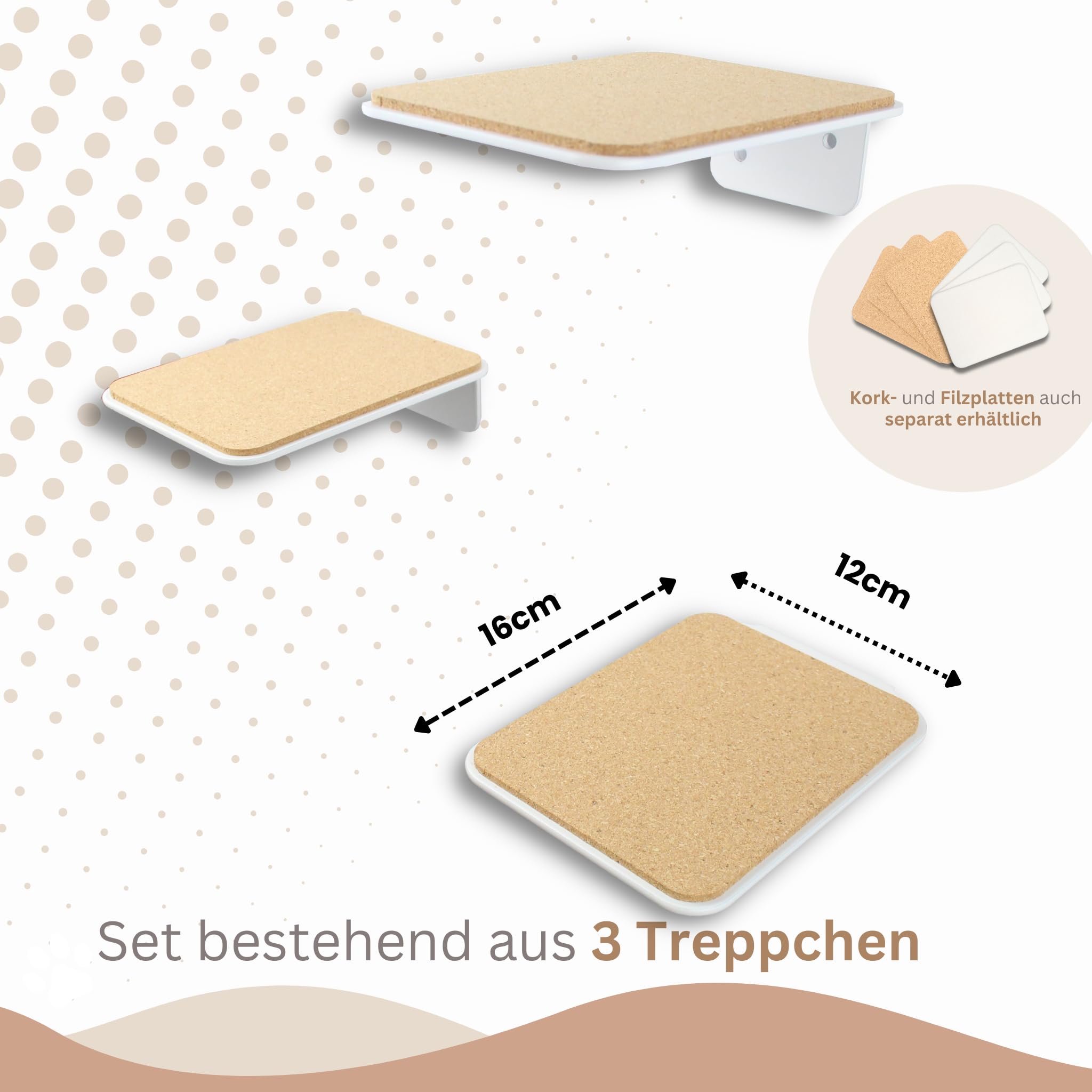 AZANO®️ Katzentreppe 3er Set | Kletterwand Katzen | Katzenleiter Wand [Modernes Design aus Metall] | Katzentreppe Wand | Katzenleiter | Katzenmöbel zum Klettern | S 16x12cm | (Weiß - Kork)
