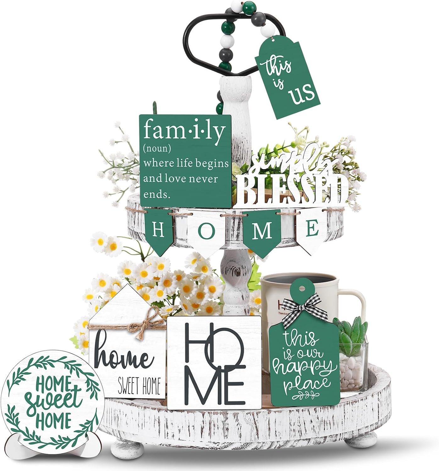 FairySandy 11 Pcs Home Tiered Tray Decor Green Rustic Wooden Signs