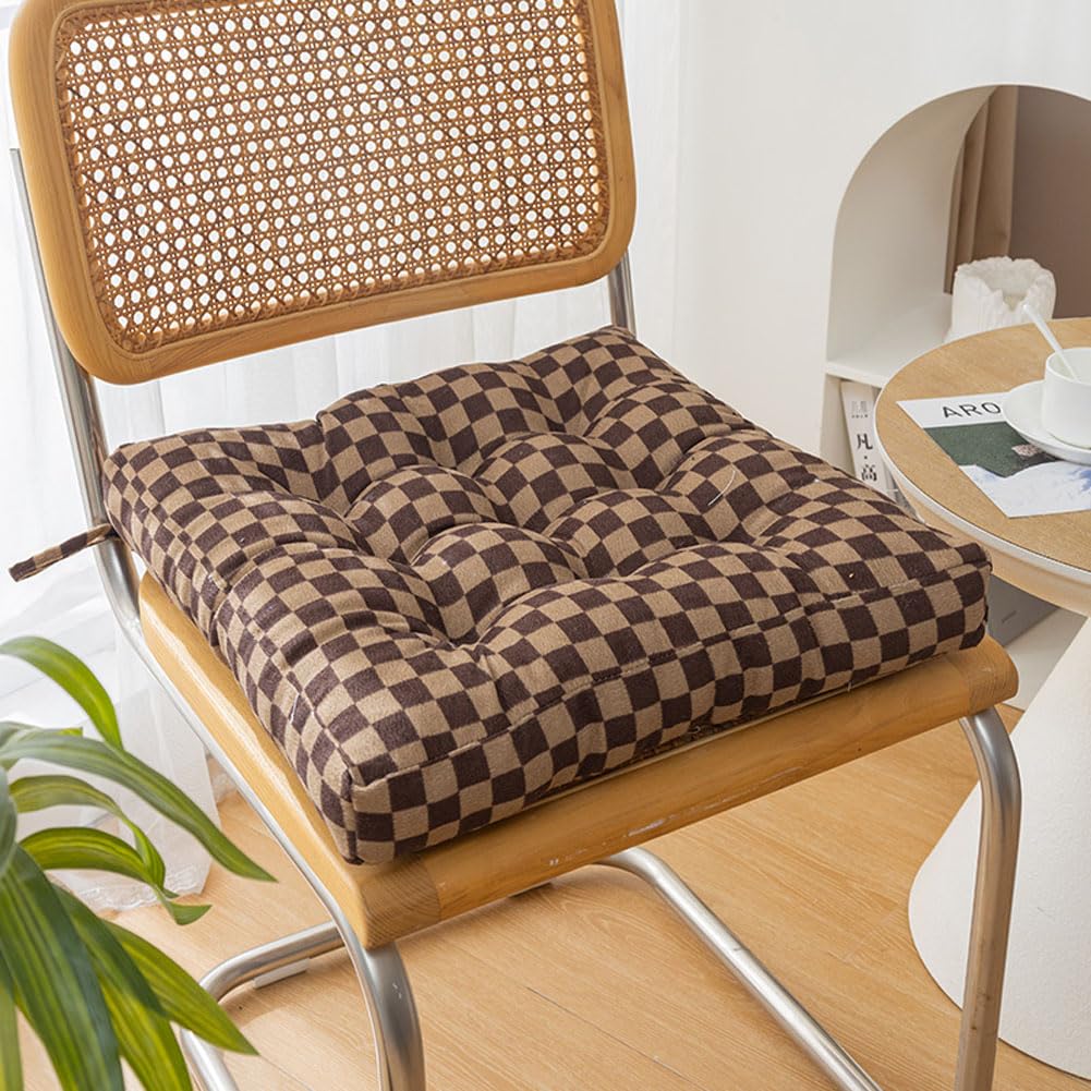 kuyouqi Corduroy Seat Cushion with Ties for Dining Chair, Square Thick Seat Pad Soft Armchair Booster Cubic Cushion for Home Office Garden (Brown/Grid, 45 x 45 x 10 cm)