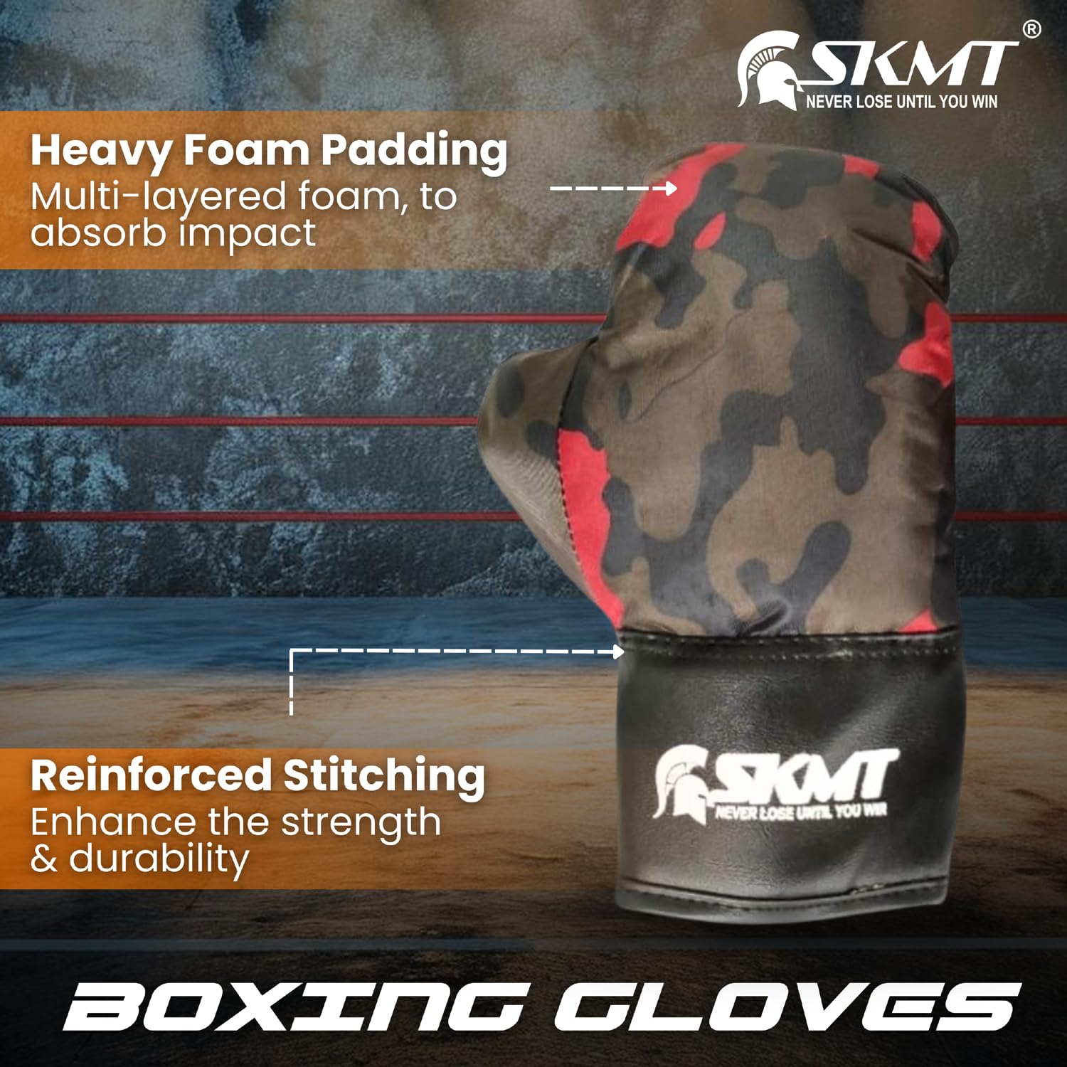 SKMT NEVER LOSE UNTIL YOU WIN Kids Boxing Set - Boxing Kit for Kids (2-8 Years) (CAMO RED) 2