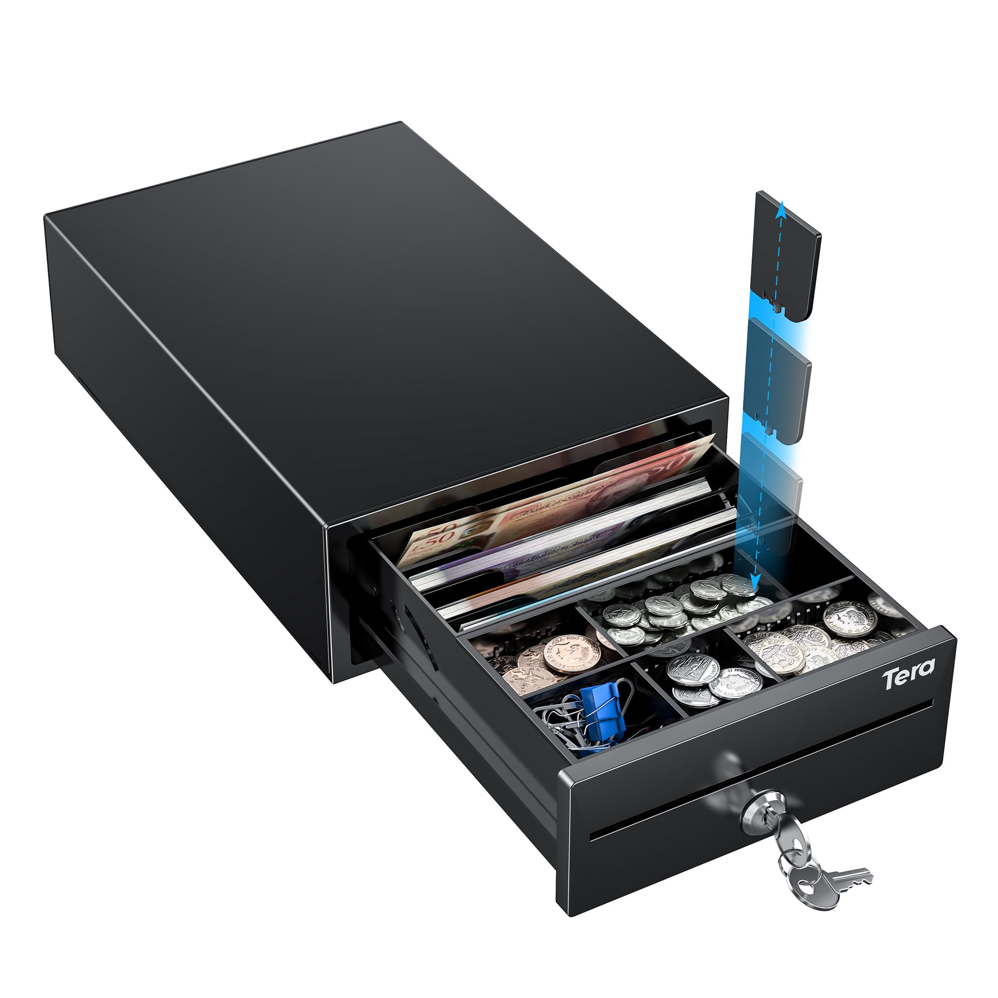 Tera 8" Mini Cash Drawer Register: 208 x 298 x 98 mm 4 Bill 6 Coin Tray with 2 Extra Dividers Auto Open 12V RJ12 Media Slot Point of Sale POS System with 2 Keys Cash Register for Small Business 208