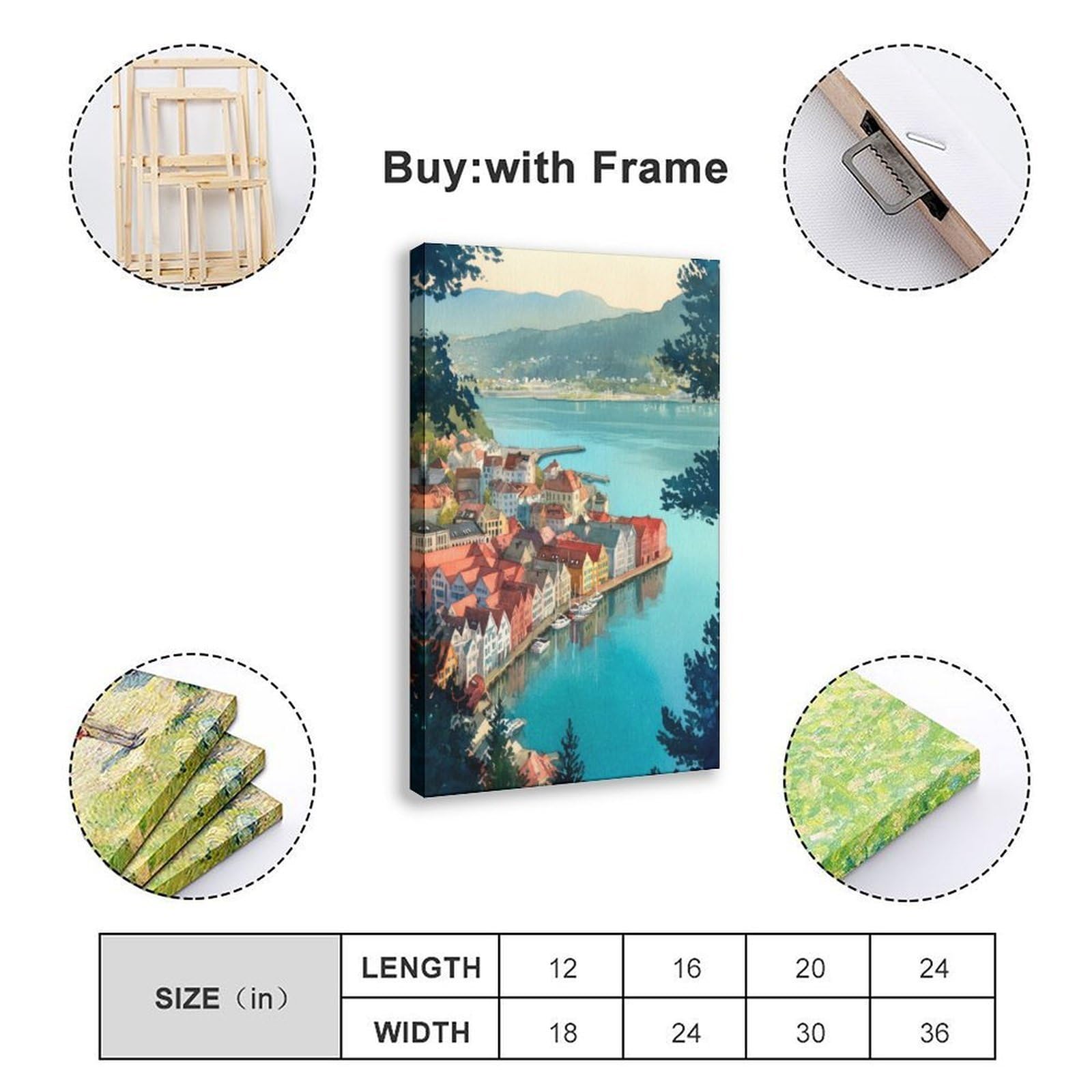 Bergen Port, poster di viaggio ad acquerello, paesaggio norvegese della città costiera, poster su tela, decorazione per camera da letto, ufficio, stanza, regalo, 40,6 cm di lunghezza x 61 cm di