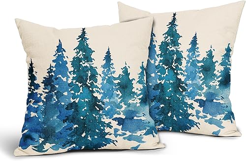 Miniatura 2 de Juego de 2 fundas de almohada con diseño de árbol de acuarela azul, verde azulado y verde azulado, de 18 x 18 pulgadas, con temática natural,