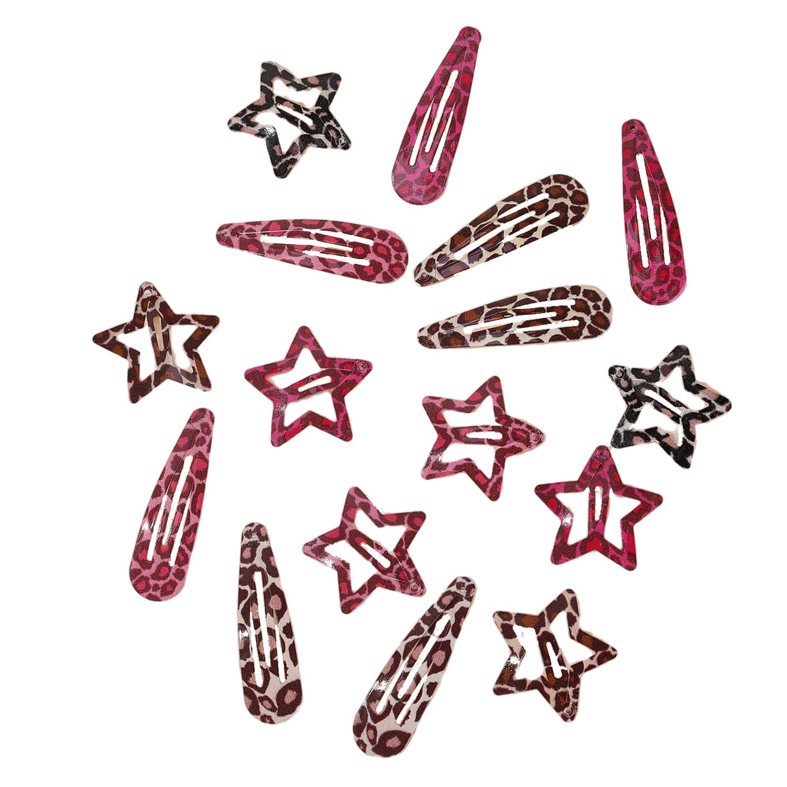 Shimmerz 8 Pc Metal Snap Hair Clips, Star and Drop Hair Clips, Non-slip Y2K Accessories for Thin and Thick Hair (Pink and Brown Leopard Print)