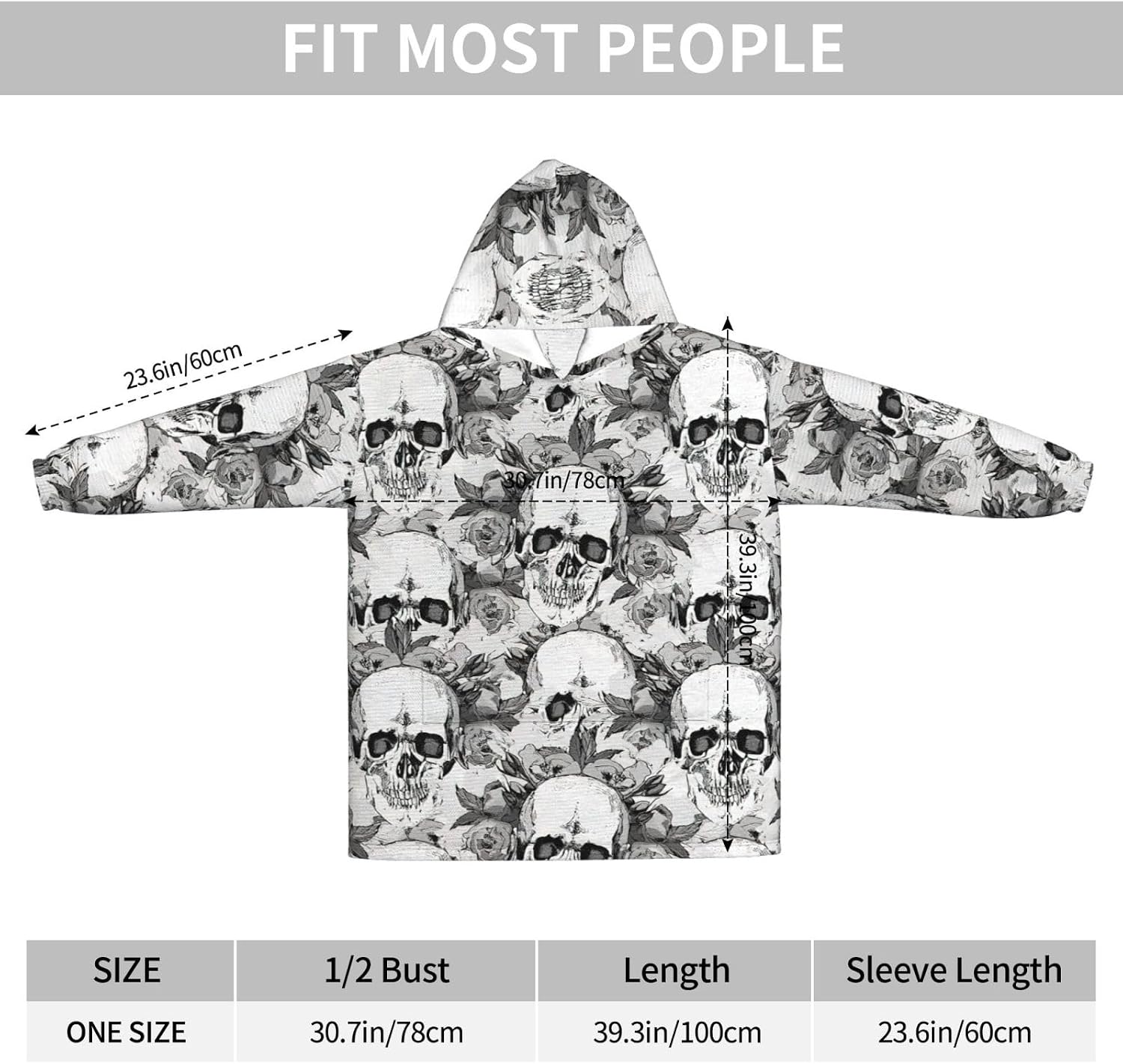 Skull Skeletonprint Oversized Hoodie Blanket, Super Soft Warm Comfortable Hoodie, Wearable Blanket Adult