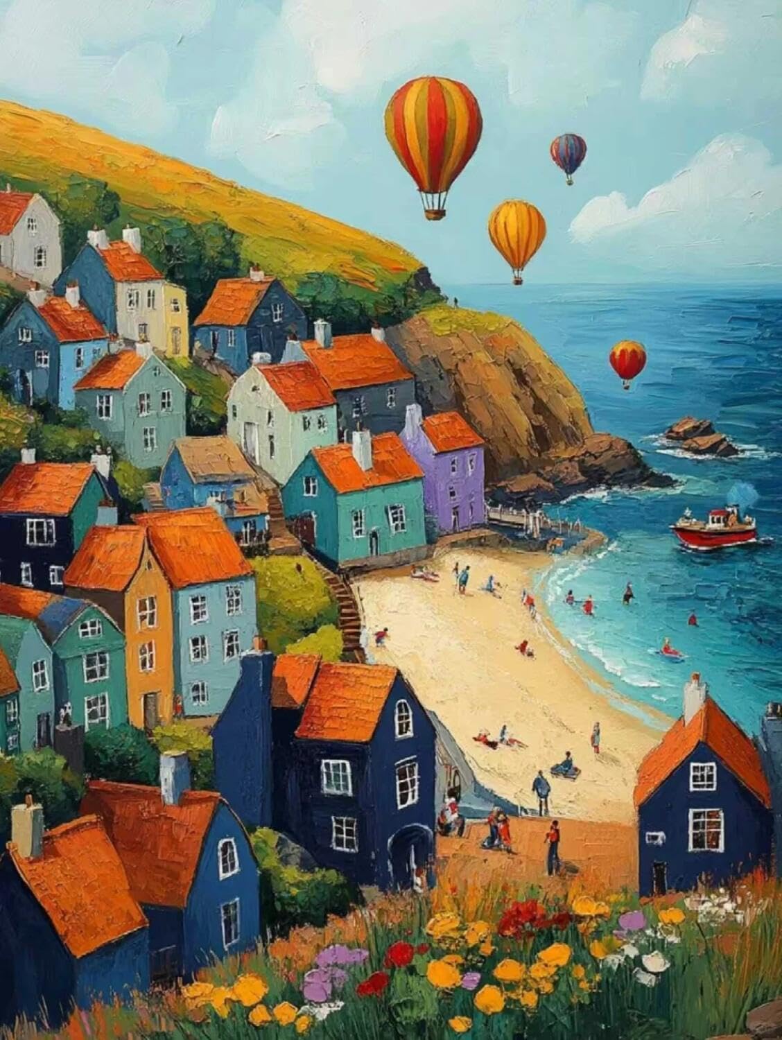 Rqwybcaxn Stamped Beaded Cross Stitch Kits Seaside Fishing Village 40x50cm