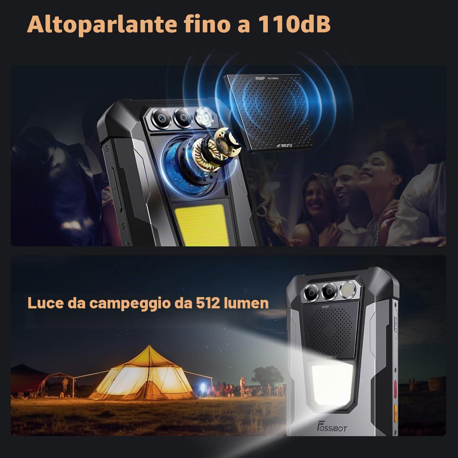 FOSSiBOT F106 Pro-12000mAh/30W Rugged Smartphone, 8+256GB/2TB Telefono indistruttibile, Display FHD+ da 6,58" 48MP+20MP Visione Notturna, 110dB Altoparlante, 512LM Luce da campeggio, IP68/IP69K
