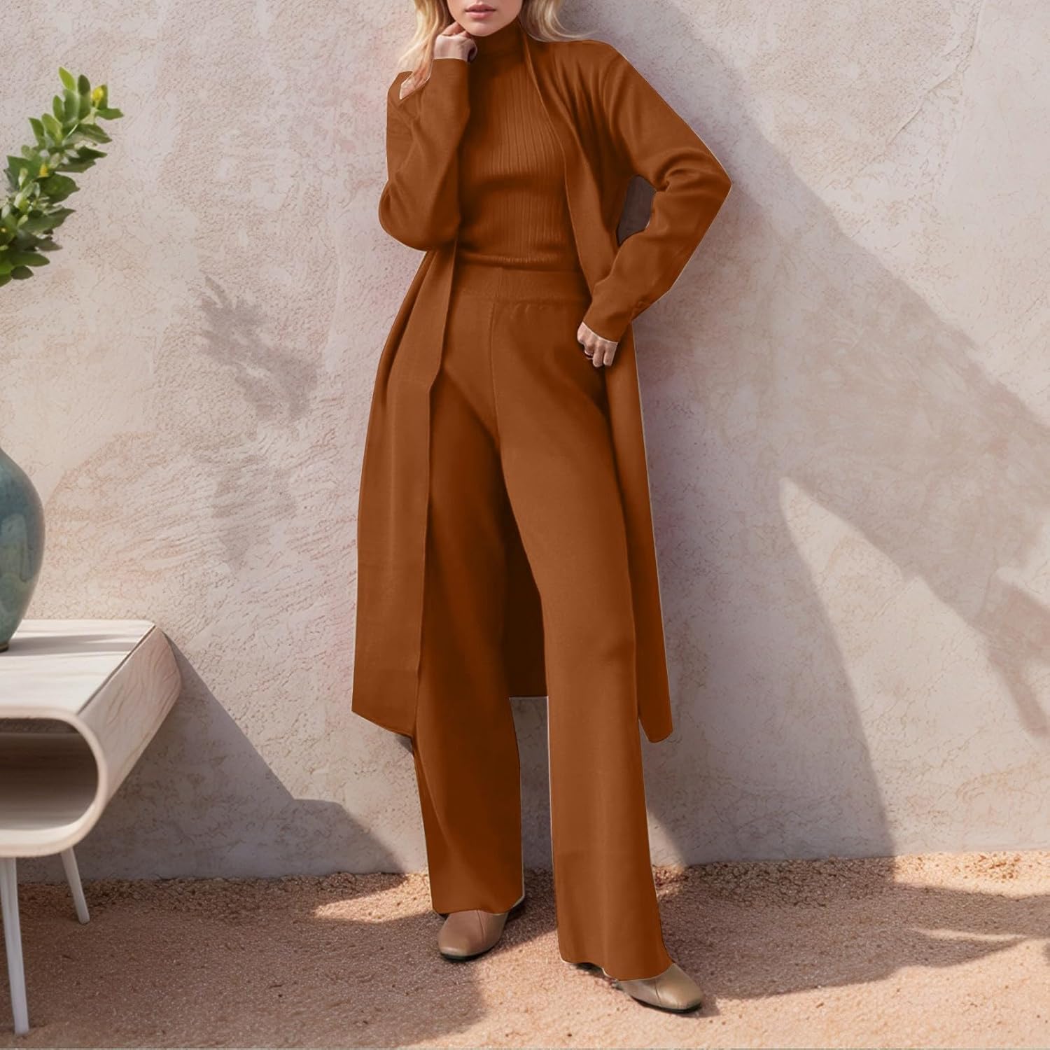 Women's 3 Piece Knit Lounge Set, Long Sleeve Cardigan Sleeveless Turtleneck Tank Top and Wide Leg Pants Matching - Image 2