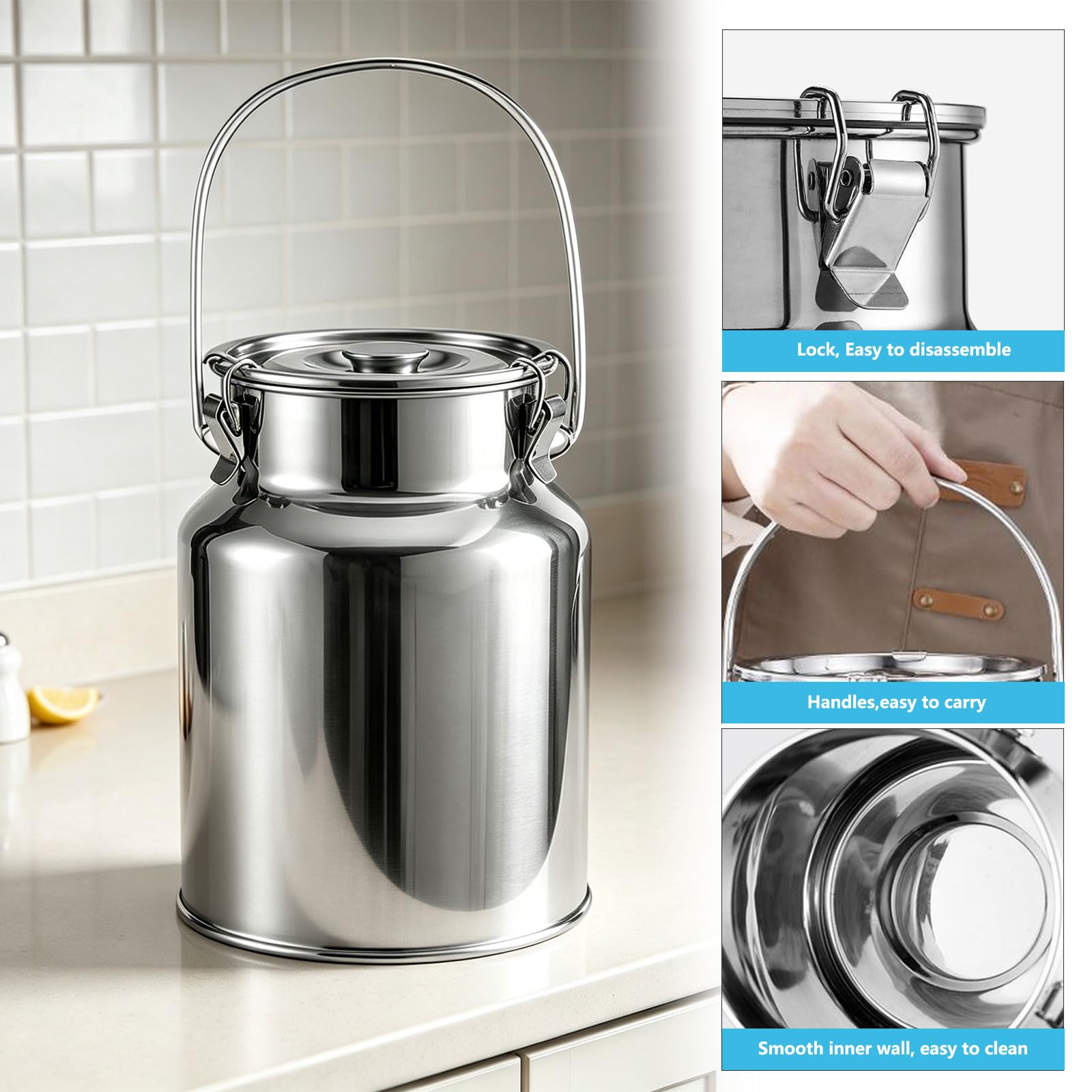 Cubo De Leche De Acero Inoxidable, Cubo Hermético para Leche Cubo De Transporte con Tapa Y Asa, Recipiente para Alimentos para Granjas, Cafeterías, Cocinas Y Acampadas ﻿,11L 22x30CM