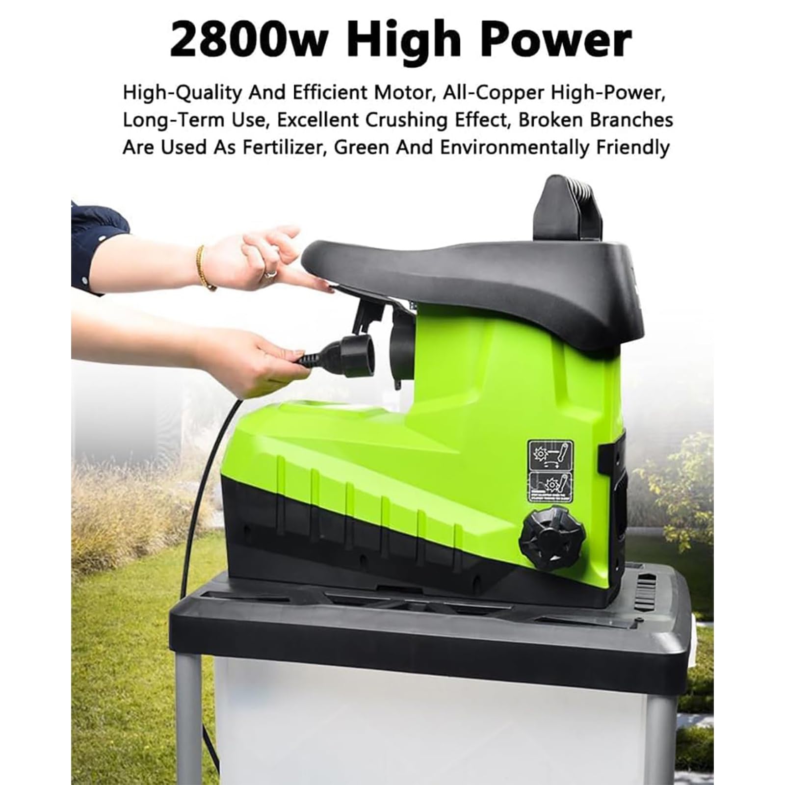 Trituradora eléctrica de jardín, trituradora de madera de 2800 W con ruedas, interruptor de seguridad, caja de colección de 60 L, aplasta hasta 45 mm, nivel de ruido de 92 dB para limpieza de desechos