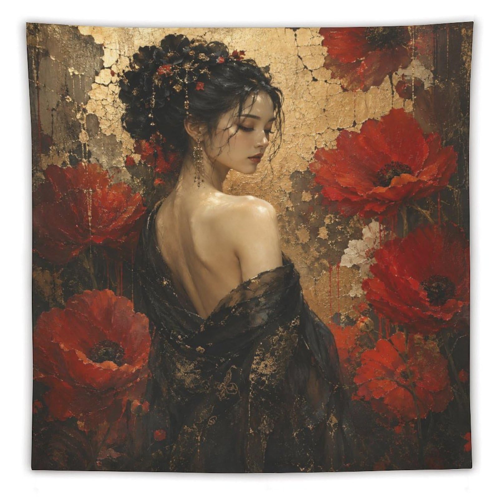 W7C8U2X3 Vintage Red Poppy Woman Wall Tapestry, Impressionist