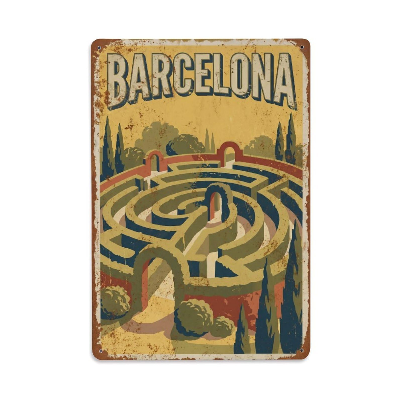 Okngb Style Barcelona Garden Labyrinth Mediterranean Vintage Travel Metal Tin Sign Plaque Wall Decor For Cafe, Man Cave, Club Bar, Office, Home Garden Round Metal Poster 8X12inch