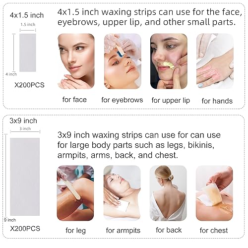 Miniatura 2 de Juego de 400 tiras de cera no tejidas para depilación. 3 tiras de cera depiladora corporal de 9 pulgadas y papel de tiras de cera facial de 1.5 x 4