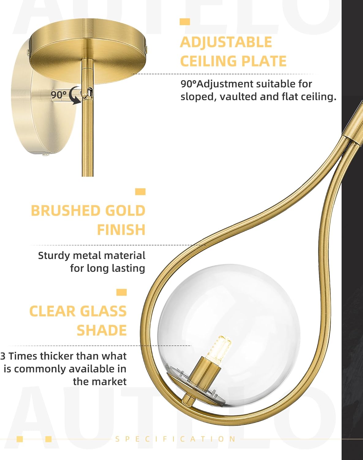 AUTELO 2 Pack Gold Pendant Lights, Hanging Lamp in Brushed Gold Finish with Clear Globe Glass, Mid Century Pendant Lights Kitchen Island with Adjustable Rods for Kitchen H9377 CLBG-2PK