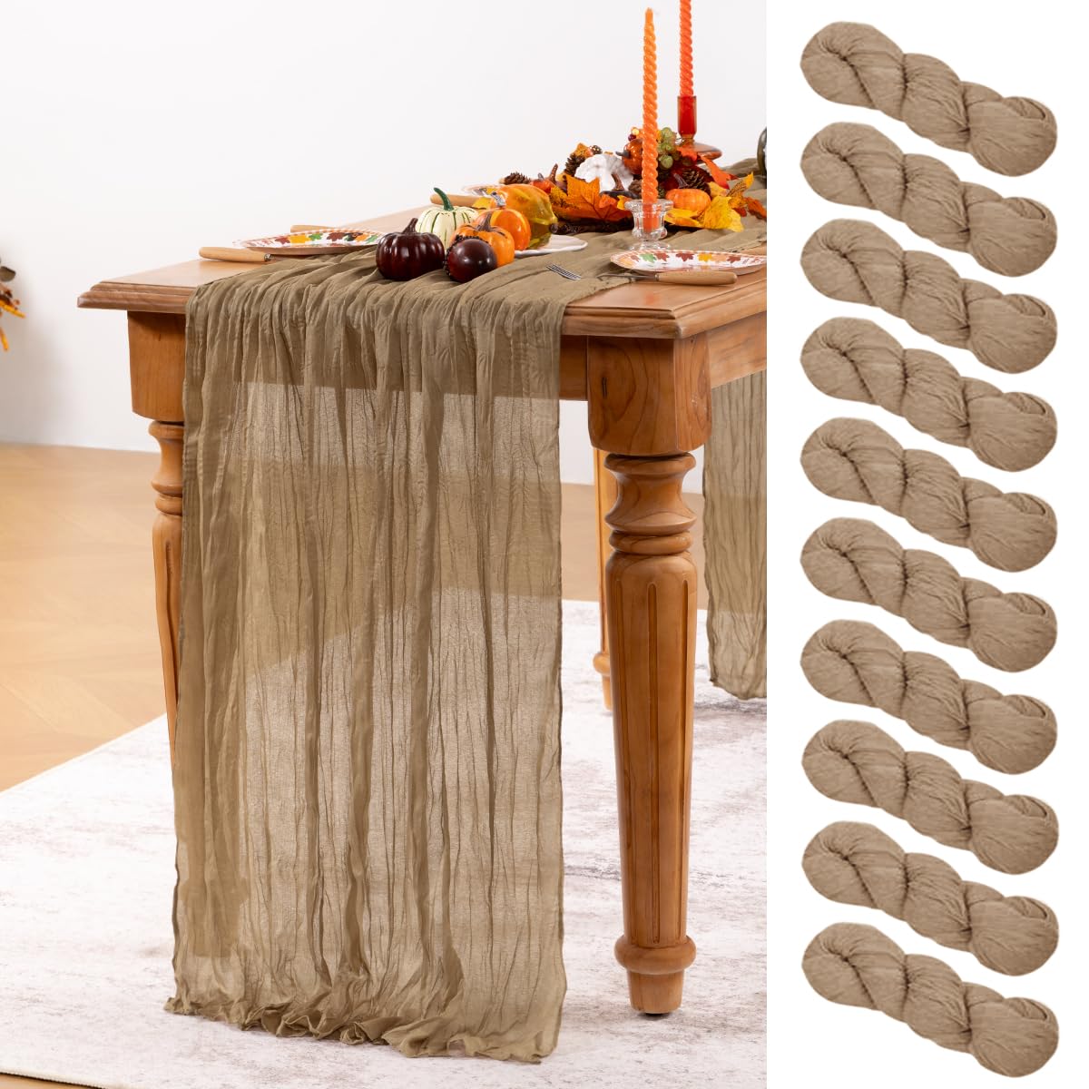 DeZerlor Nude Cheesecloth Table Runner 10 Pack Spring Table Runners Boho Gauze 120 Inches Coffee Cheese Cloth Table Decor for Wedding Bridal Baby