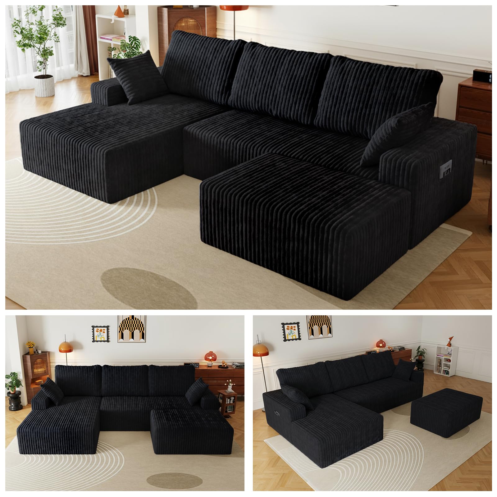 108" U-Shape Modular Sectional Cloud Couch with Ottoman, Deep Seat Boneless Couch with Oversized Chaise Lounge, Comfy Flannel Fabric Sofa for for Living Room Bedroom Apartment Game Room Basement