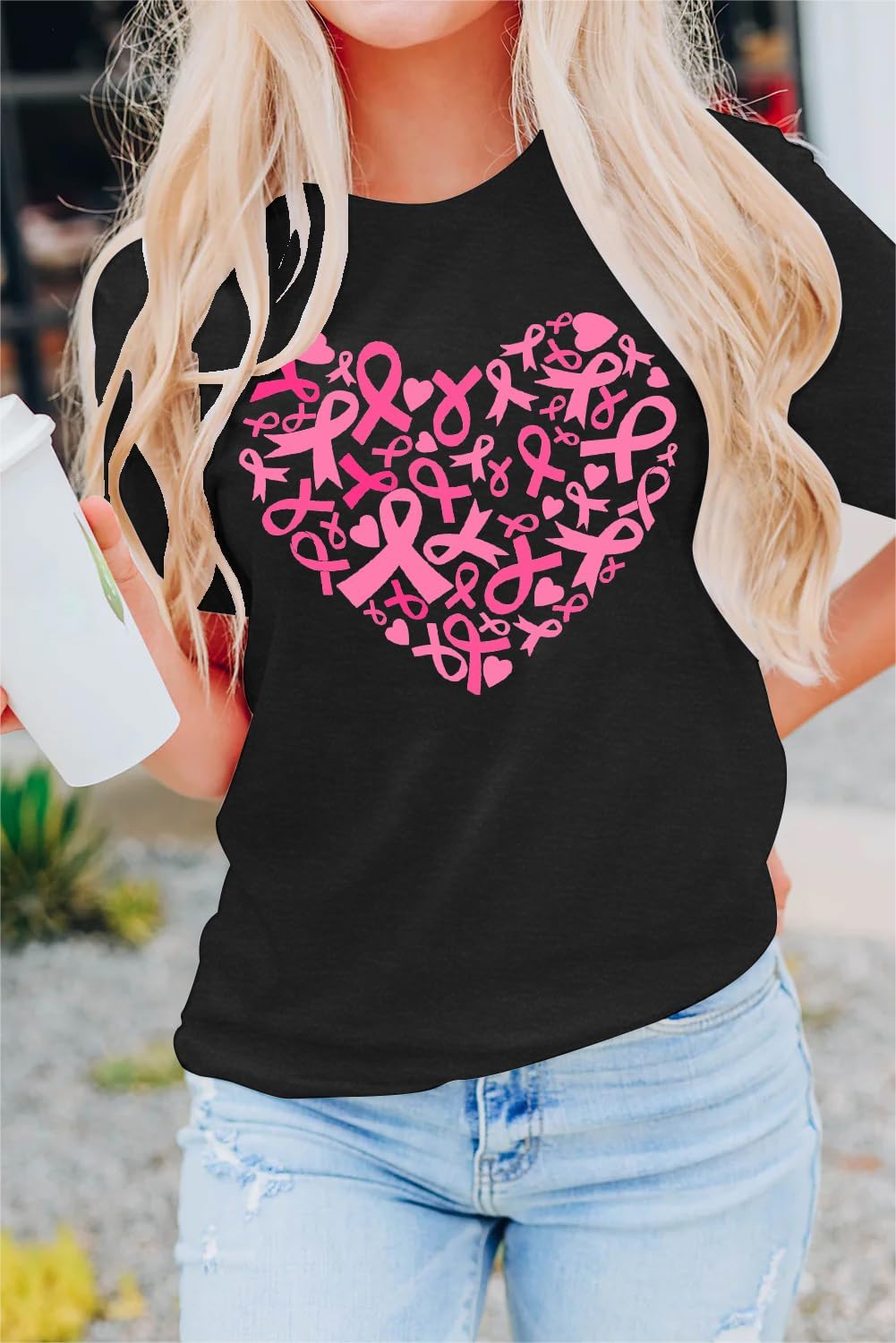 MAIHUN Womens Breast Cancer Shirts Heart Pink Ribbon Tshirt Cancer Awareness Tee Tops - Image 2